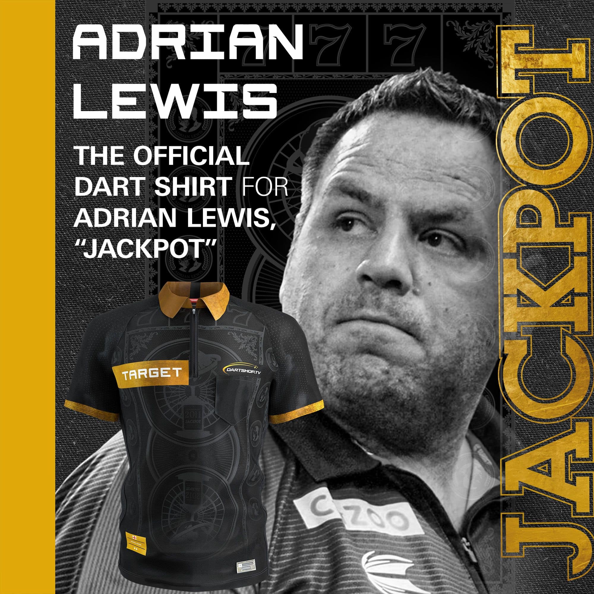 Maglietta da freccette Target Adrian Lewis 2026 Das Bild zeigt das Target Adrian Lewis Dartshirt 2026. Dieses Shirt ist für Darts-Fans und Sammler konzipiert.