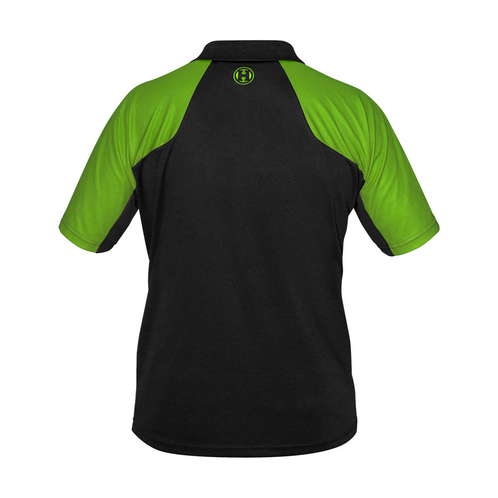 17492-Harrows-Vivid-Dartshirt-Black-Green-2 Harrows Vivid Dartshirt Black/Green ist aufgelegt und zeigt das Brust-Logo. Das Shirt ist sportlich gestaltet.