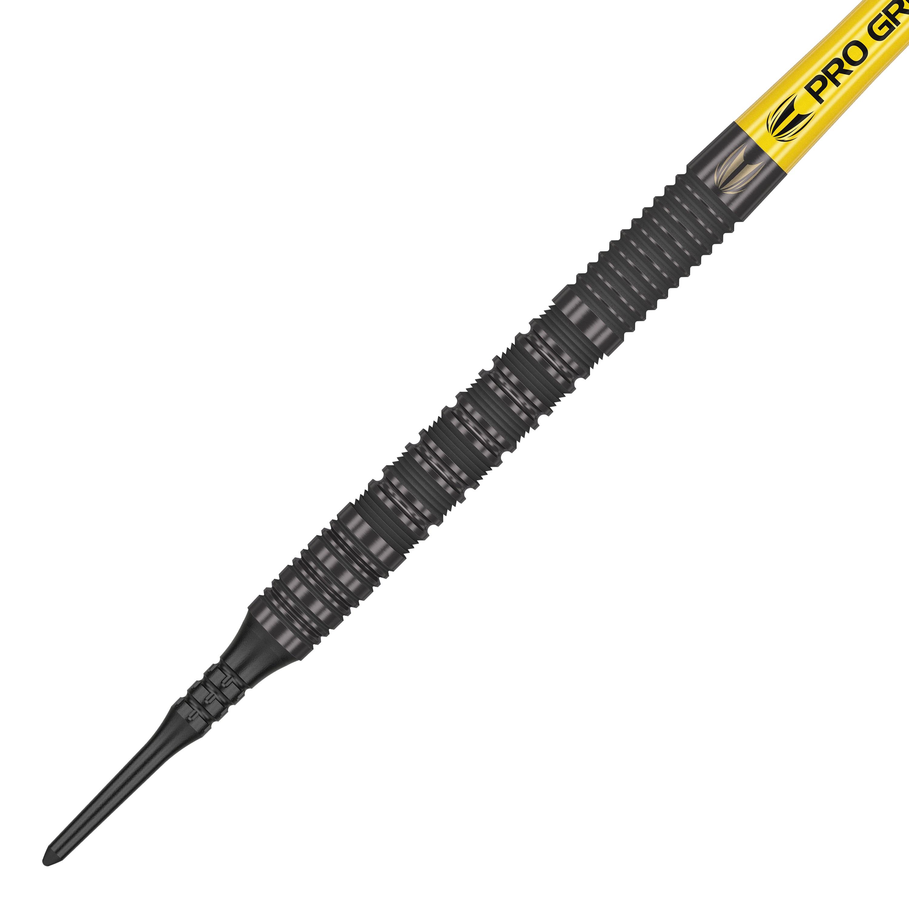 Target Bolide Void 10 freccette morbide Das Bild zeigt einen Target Bolide Void 10 Softdart mit einer schwarzen, strukturierten Spitze. Am oberen Ende ist ein gelber Schaft mit der Aufschrift "Pro Grip" zu sehen.