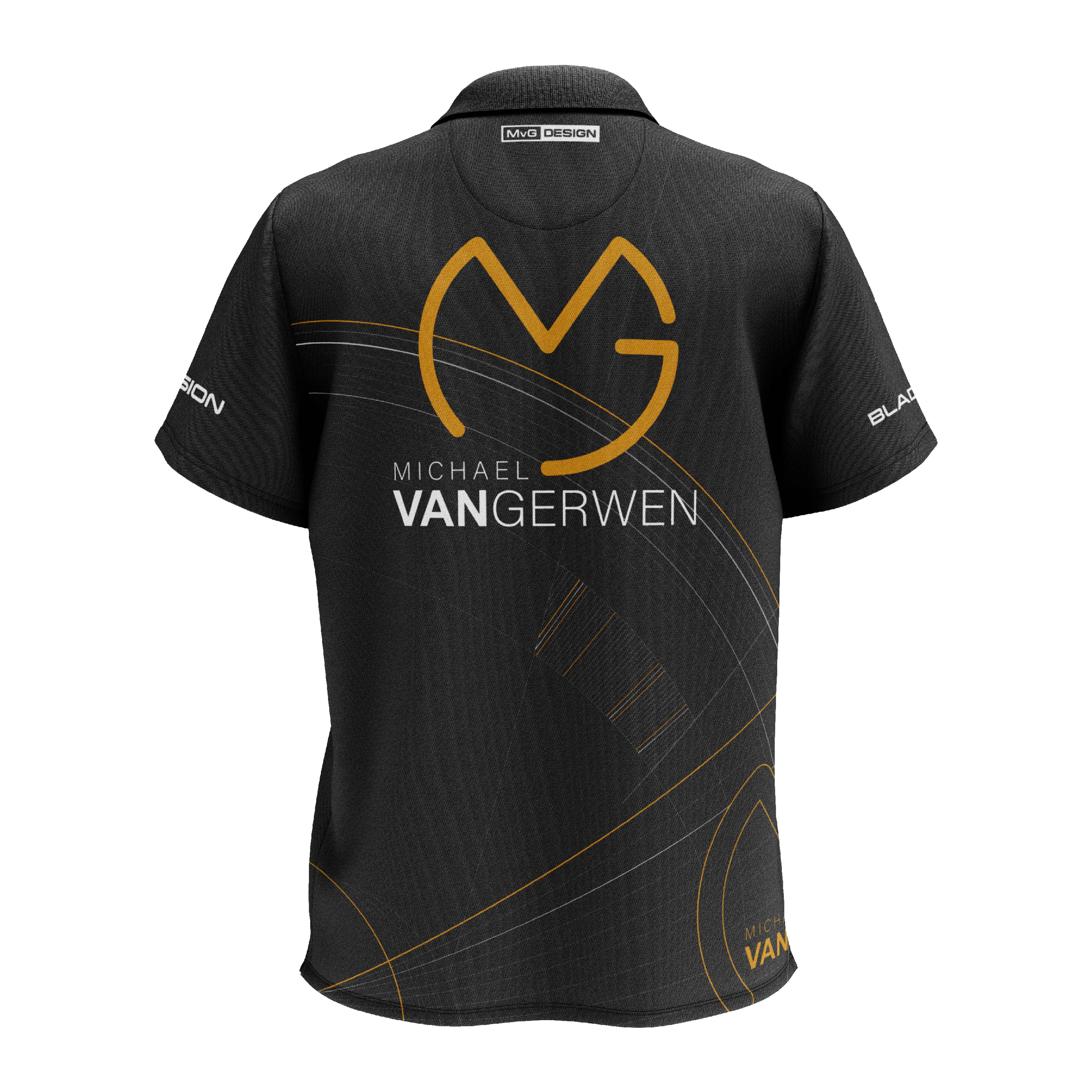 Polo Winmau in edizione limitata Tour Dart Das Bild zeigt ein schwarzes Dartshirt mit goldenen und weißen Akzenten. Auf der Rückseite steht "Michael van Gerwen" zusammen mit einem großen, stilisierten "MVG"-Logo.