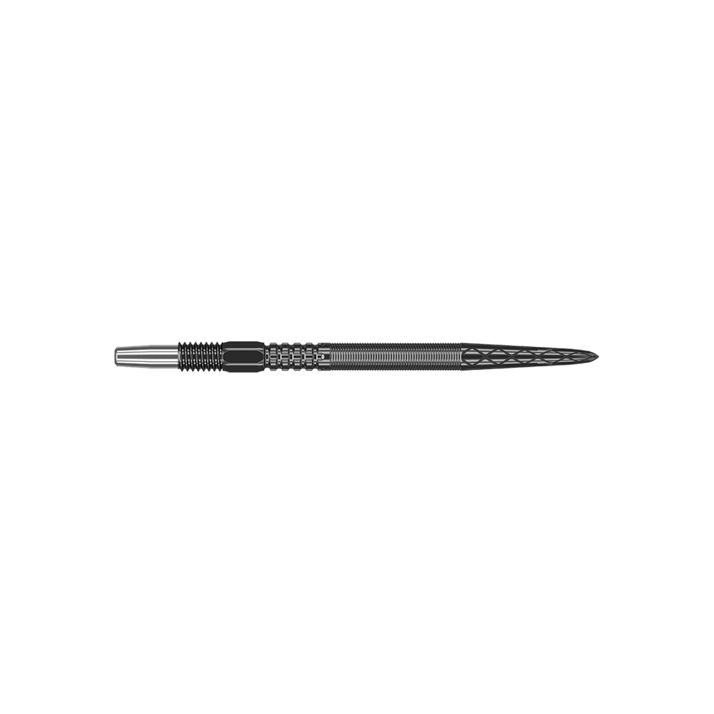 340053_Target_Swiss_Point_DX_Black_Dartspitzen_30mm_2 Das Bild zeigt eine schwarze Dartspitze mit feinen Rillen und einem gezackten Muster. Sie ist schmal und wirkt wie für präzises Werfen entworfen.