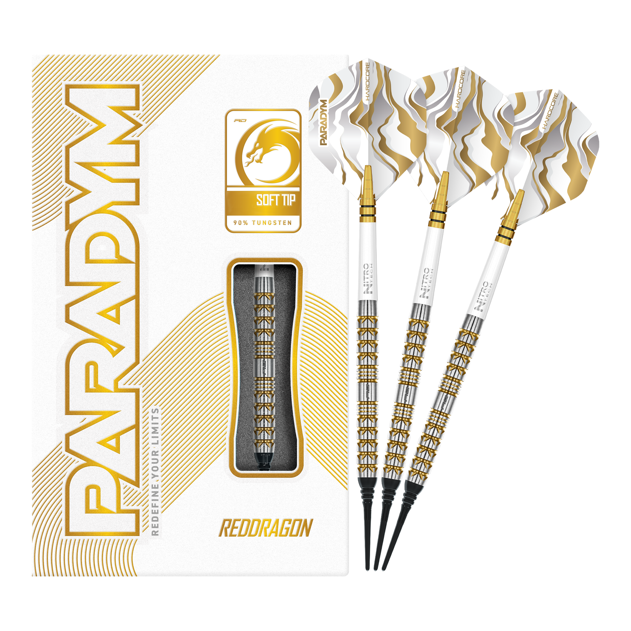 Freccette morbide parallele Red Dragon Paradym Gold - 20 g Das Bild zeigt die Red Dragon Paradym Gold Parallel Softdarts - 20g in voller Länge. Die goldfarbenen Darts wirken hochwertig und professionell.