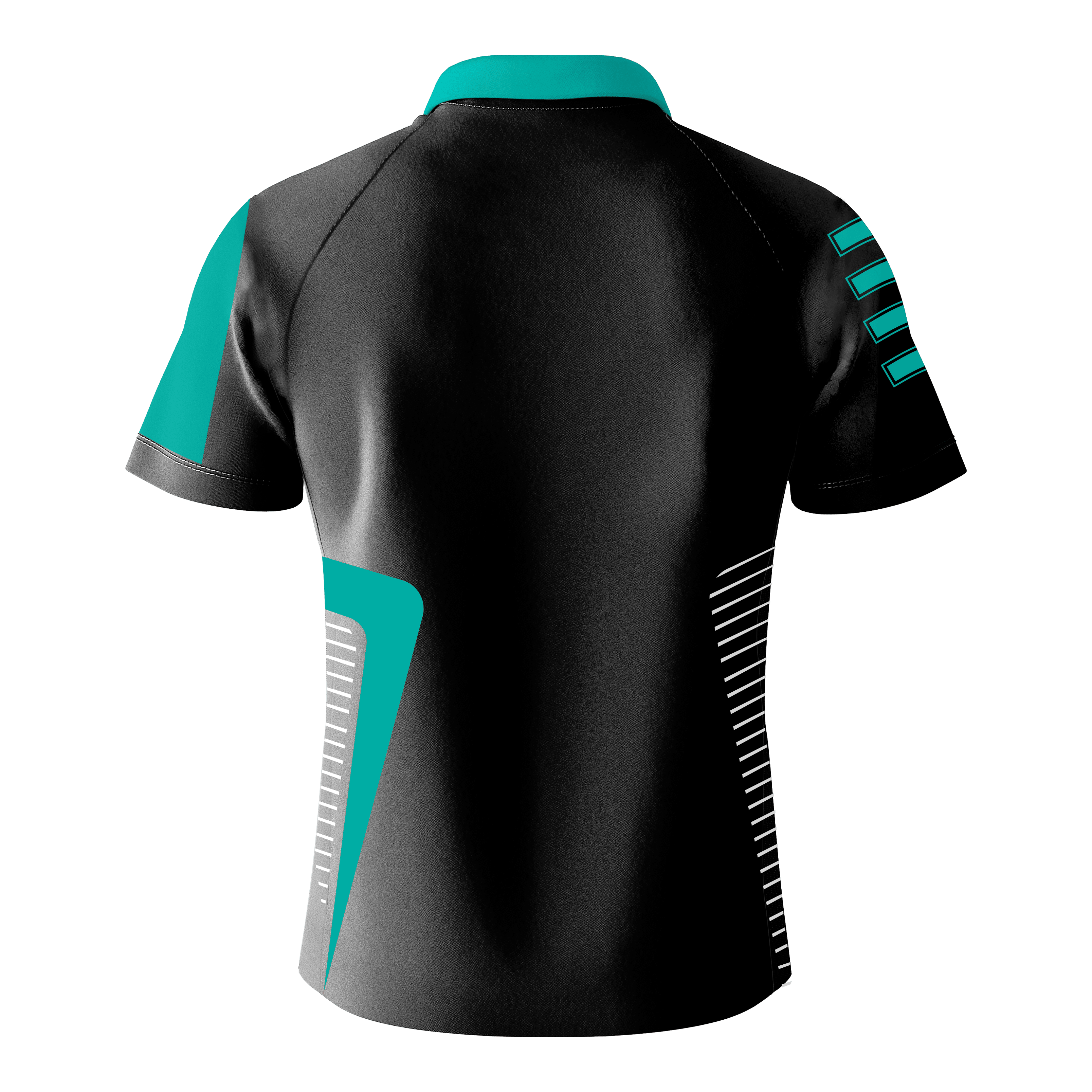 Maglietta Bulls Team Dart - Menta Das Bild zeigt das "Bulls Team Dartshirt - Mint" von hinten. Das Shirt ist überwiegend schwarz mit mintfarbenen und weißen Akzenten.