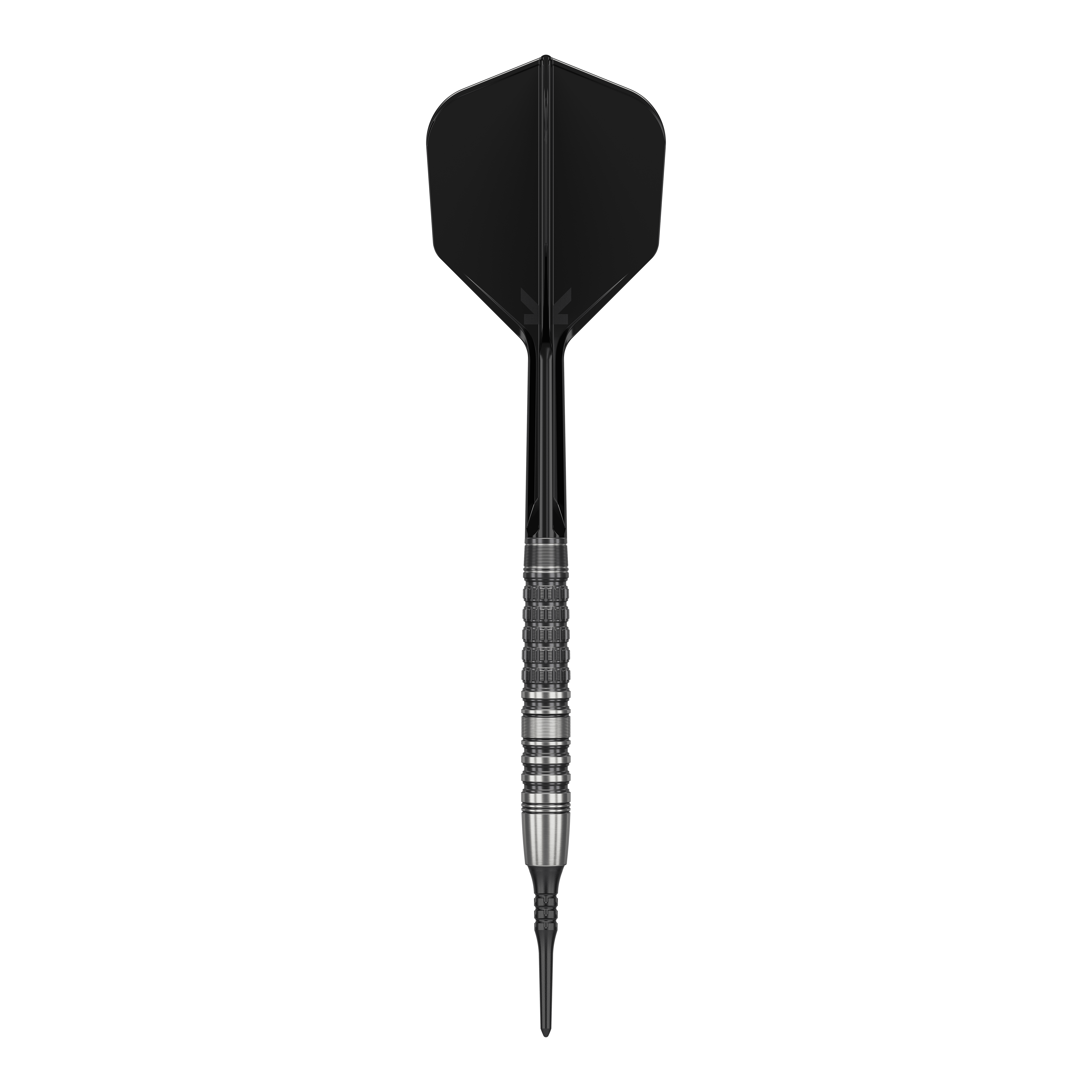 Target Japan Black Marque Lumiere GEN3 Freccette morbide - 18,5 g Das Bild zeigt einen Softdart mit schwarzer Spitze, schwarzem Shaft und Flight sowie einem silbernen, strukturierten Barrel. Es handelt sich um den "Target Japan Black Marque Lumiere GEN3 Softdarts - 18,5g".