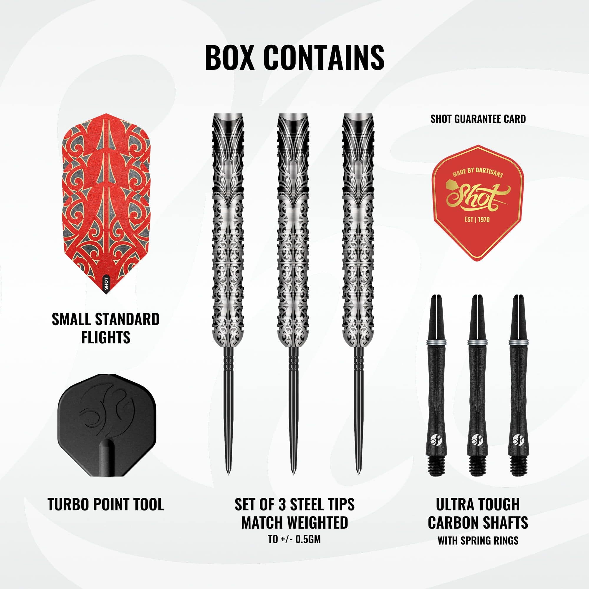Das Bild zeigt Shot Warrior Taiaha TurboPoints Steeldarts. Die Darts sind als Set zusammengestellt.