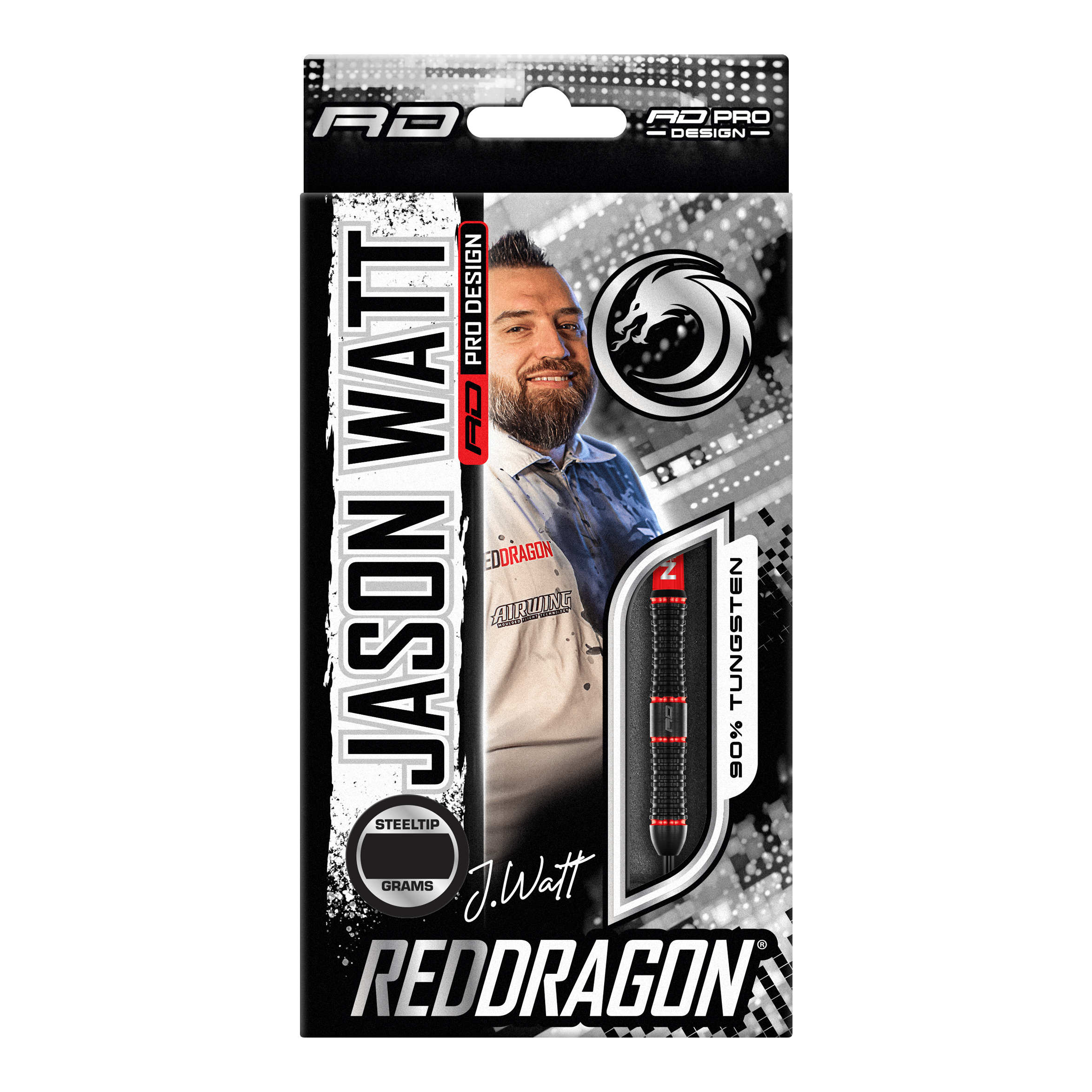 Freccette in acciaio Red Dragon Jason Watt - 22 g Die Abbildung zeigt die Verpackung der "Red Dragon Jason Watt Steeldarts - 22g". Auf der Vorderseite sind ein Bild von Jason Watt, der Dartpfeil und das Red Dragon-Logo zu sehen.
