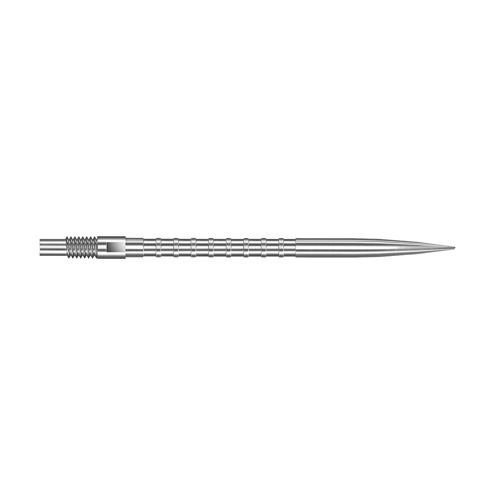 Das Bild zeigt eine silberne Dartspitze mit Heavy Metal Grip, 40 mm lang. Die Spitze liegt auf weißem Hintergrund.