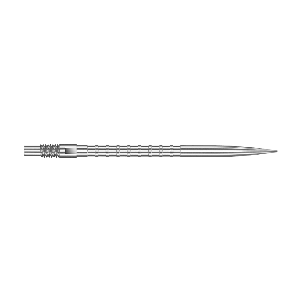 Punte per freccette Harrows Quick Point Heavy Metal - Argento Das Bild zeigt eine silberne Dartspitze mit Heavy Metal Grip, 40 mm lang. Die Spitze liegt auf weißem Hintergrund.