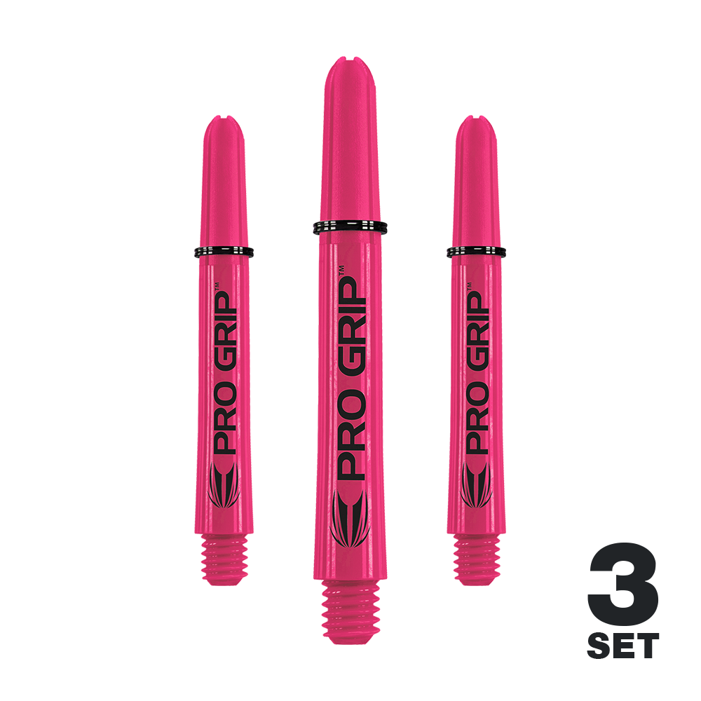 Target Pro Grip Shafts - 3 set - Rosa Das Bild zeigt drei pinke Pro Grip Shafts für Darts. Unten rechts steht "3 Set" geschrieben.
