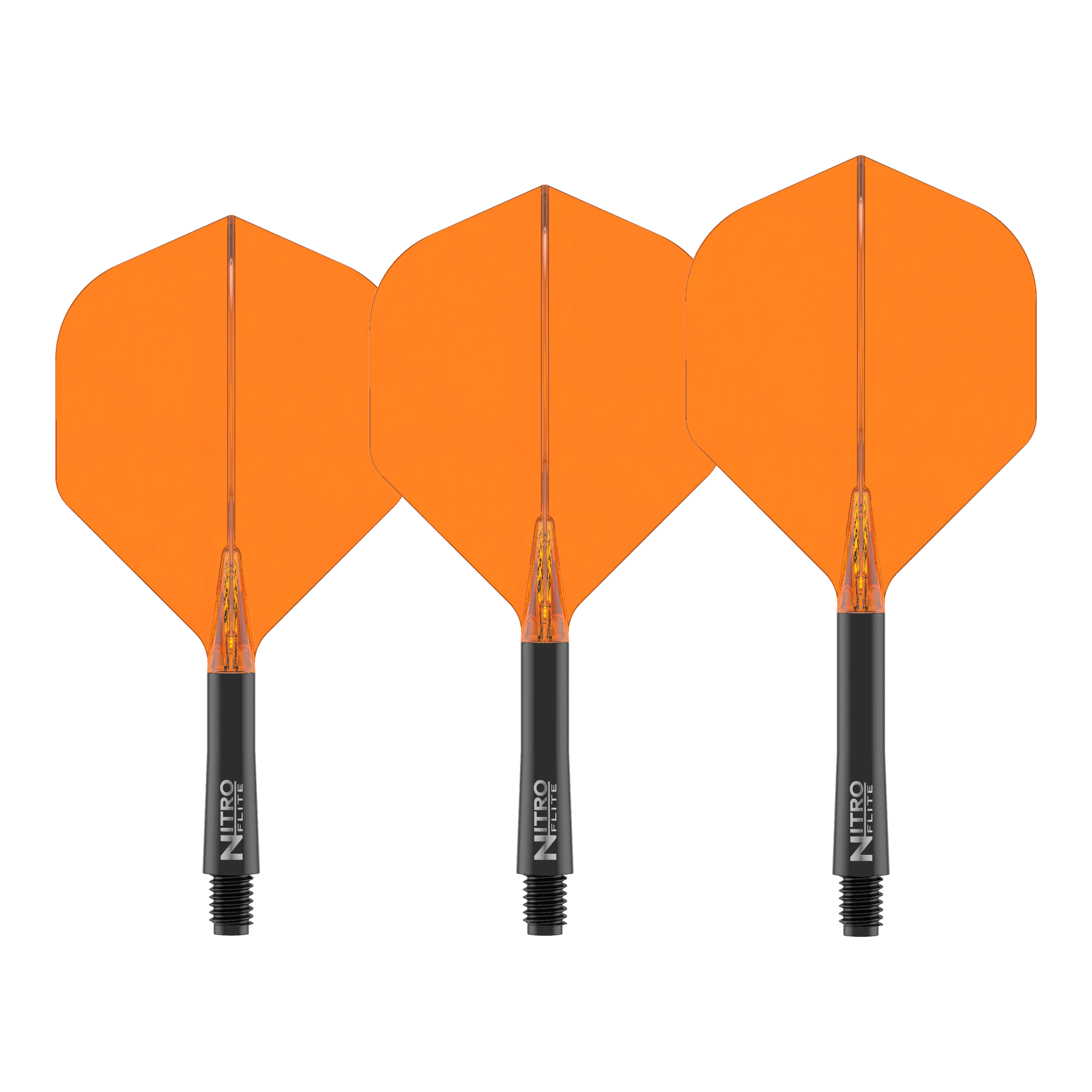 Dies ist das Produkt Red Dragon Nitroflite Black Shaft Orange Flights No2. Es wird ein Dart-Schaft mit orangefarbenen Flights gezeigt.