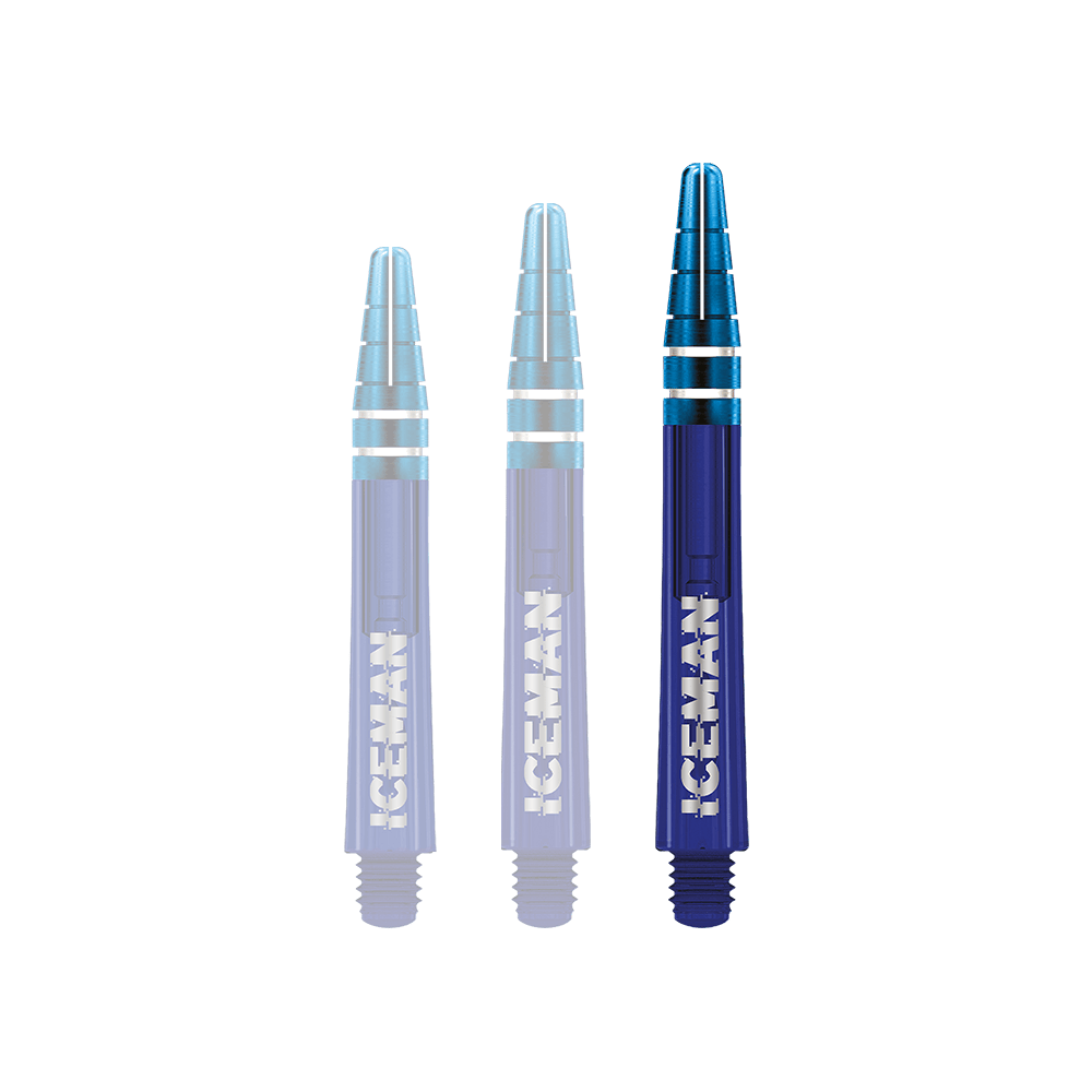 C812_Red_Dragon_Nitrotech_Gerwyn_Price_Blue_Shafts_48mm_1lT6yBjcDxLN9p Das Bild zeigt drei blaue Dartschäfte mit silbernen Akzenten. Auf den Schäften steht in weißen Buchstaben das Wort "ICEMAN".