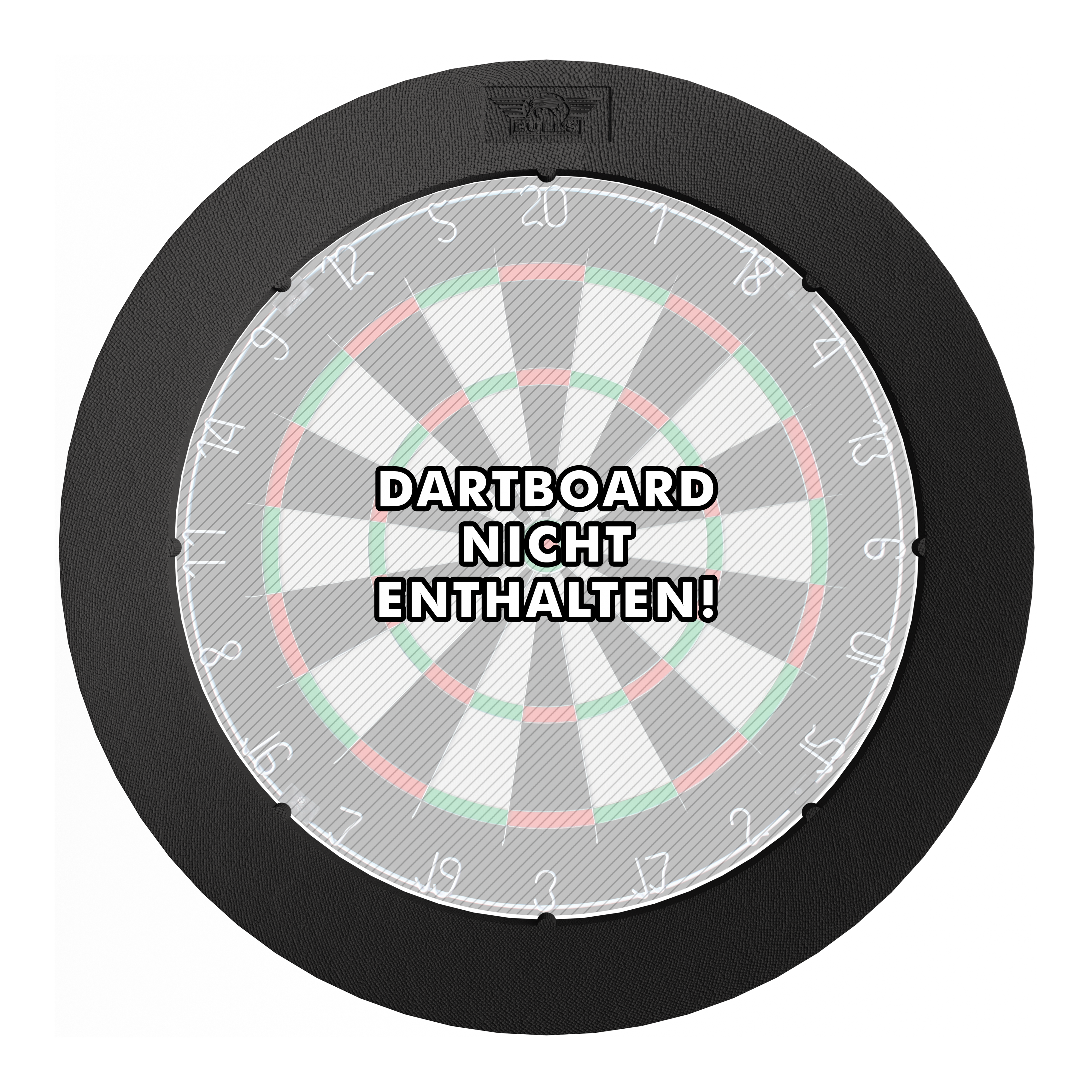 Sistema di illuminazione Bulls NL Lumo Light Surround Das Bild zeigt das 'Bulls NL Lumo Light Surround Beleuchtungssystem' rund um eine Dartscheibe. In der Mitte steht der Hinweis: "Dartboard nicht enthalten!"
