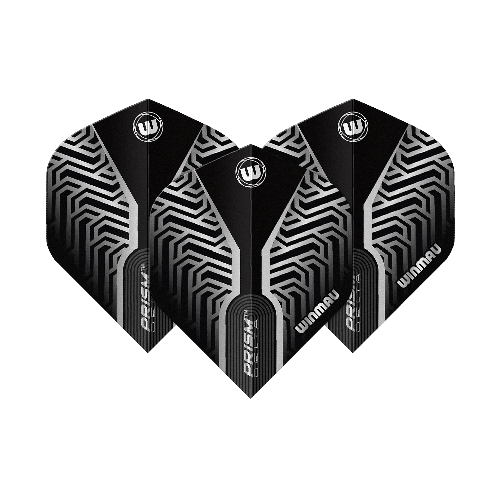 Voli standard Winmau Prism Delta Silver n. 2 Dieses Bild zeigt Winmau Prism Delta Silver No2 Standard Flights. Silberne und schwarze Dart-Flights sind dargestellt.
