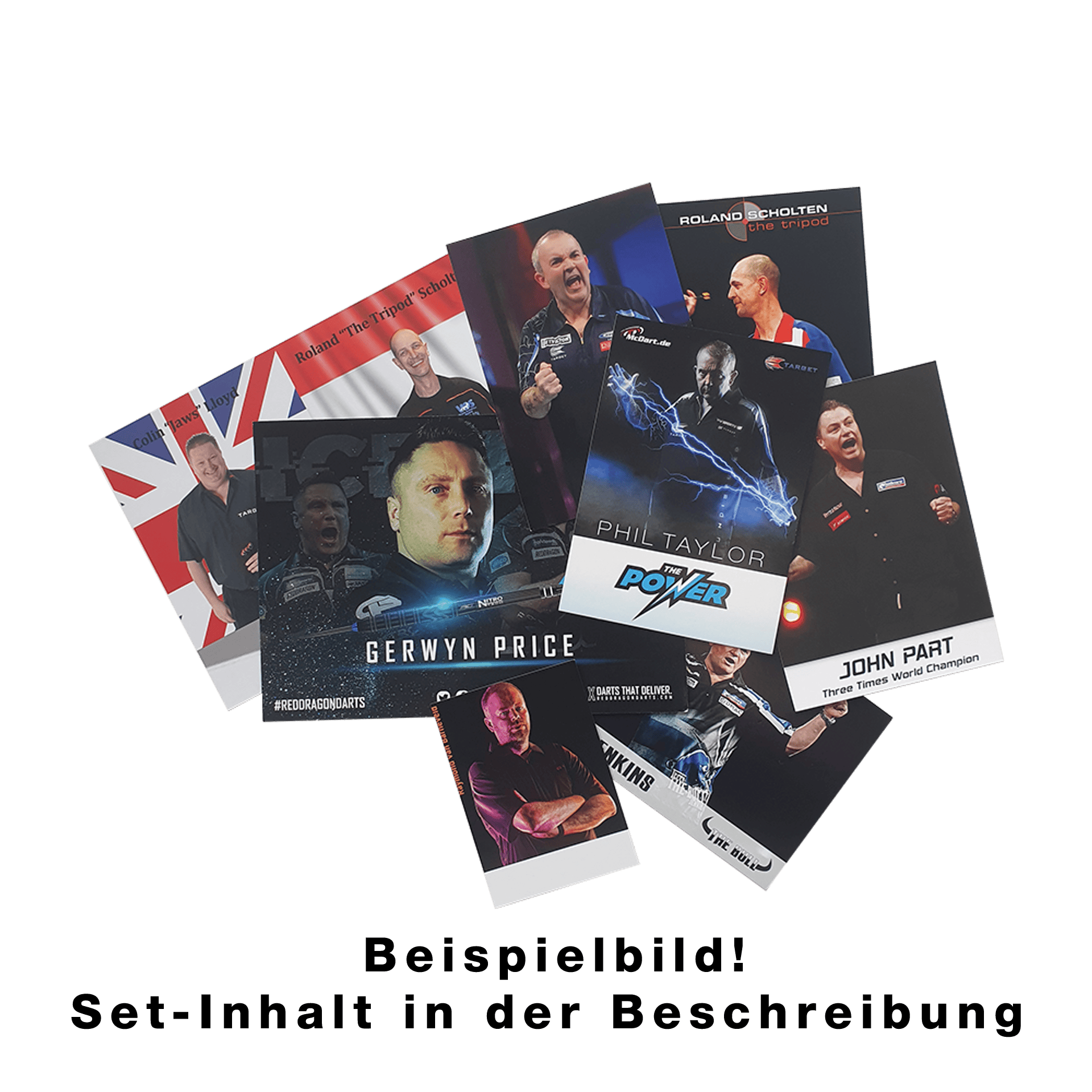 Set di carte giocatore con autografo Das Bild zeigt ein Set von Spielerkarten mit bekannten Dartspielern. Auf den Karten sind Fotos und Namen der Spieler abgebildet.