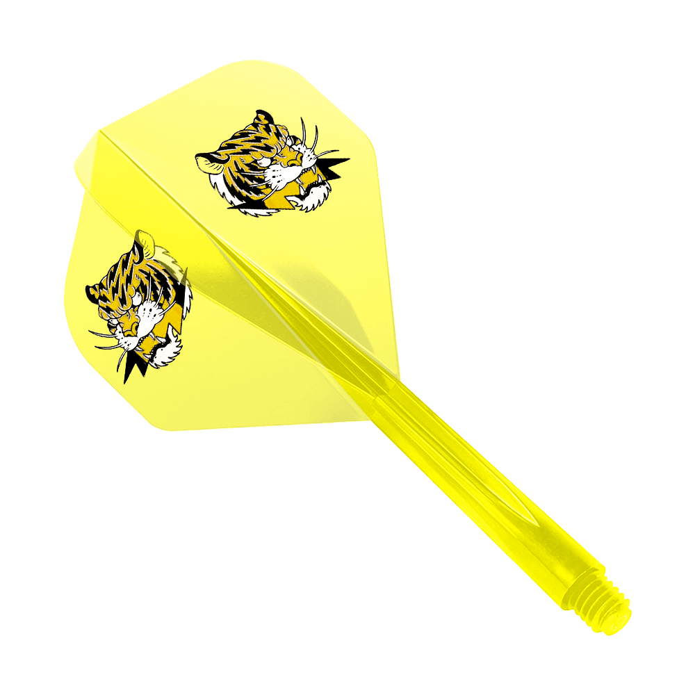 Condor AX Inazuma Tiger Mix Flight System Giallo Trasparente - Standard Das Bild zeigt einen gelben Dart-Flight mit zwei Tigerköpfen als Motiv. Das Produkt ist das "Condor AXE Inazuma Tiger Mix Flight-System Yellow Clear - Standard".