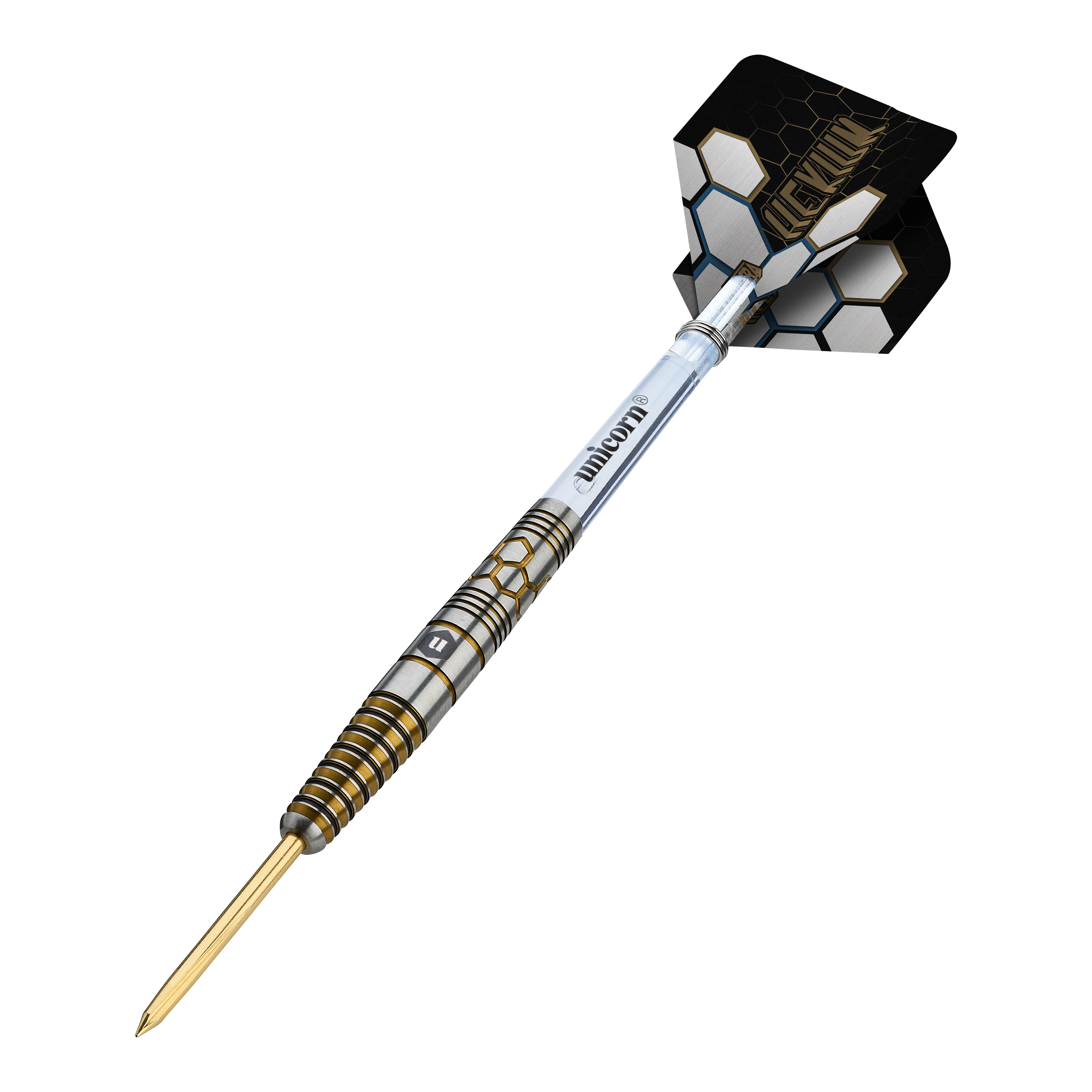 Unicorn Hexium Style 03 Gold & Black Steeldarts sind auf diesem Bild zu sehen. Das Design kombiniert schwarze und goldene Elemente auf den Steeldarts.