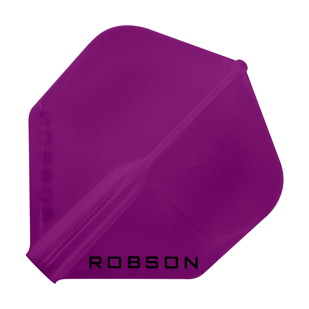 Voli Robson Plus - Standard Das Bild zeigt ein violettes Dartflugblatt in Standardform. Unten auf dem Flugblatt steht das Wort "ROBSON".