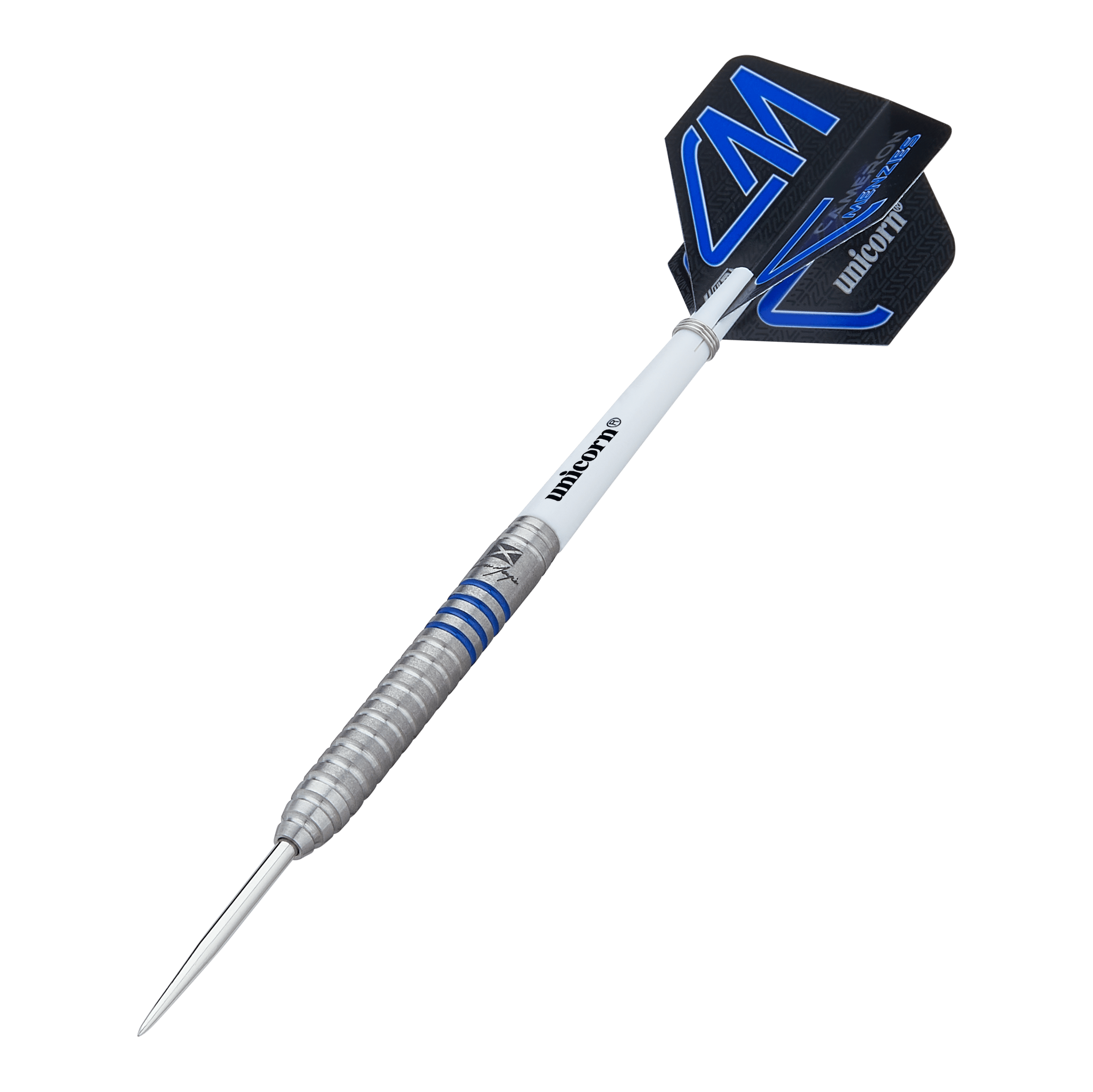 Freccette in acciaio Unicorn Contender Cameron Menzies - 23 g Auf dem Bild ist ein Steeldart mit silbernem, gerilltem Barrel und blauen Akzenten zu sehen. Das Flight trägt die Aufschrift "Unicorn Contender Camerion Menzies" und das Dart wiegt 23 Gramm.