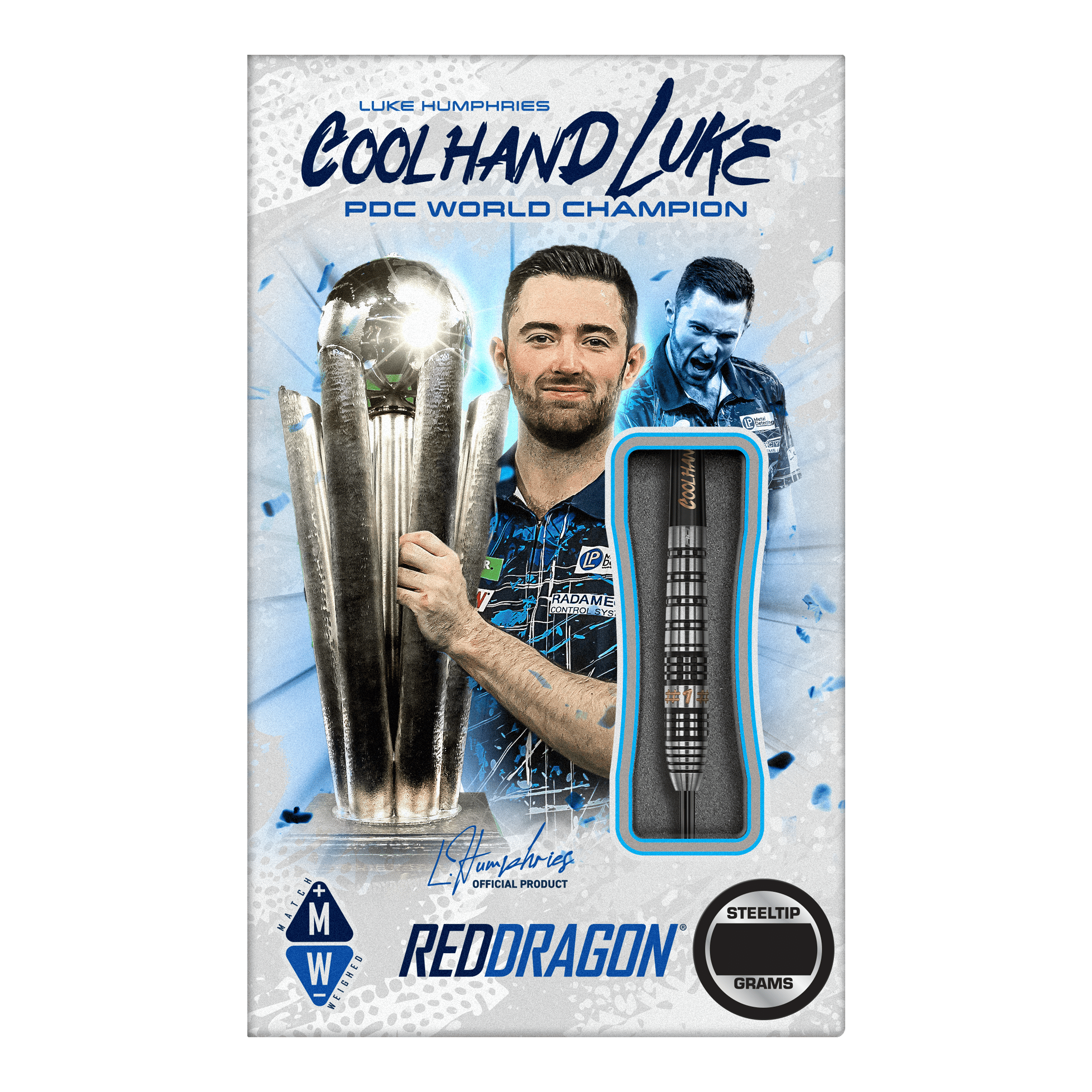 Freccette in acciaio Prestige Red Dragon Luke Humphries Das Bild zeigt das Produkt "Red Dragon Luke Humphries Prestige Steeldarts". Auf der Verpackung ist Luke Humphries mit einem Pokal und einem Steeldart abgebildet.