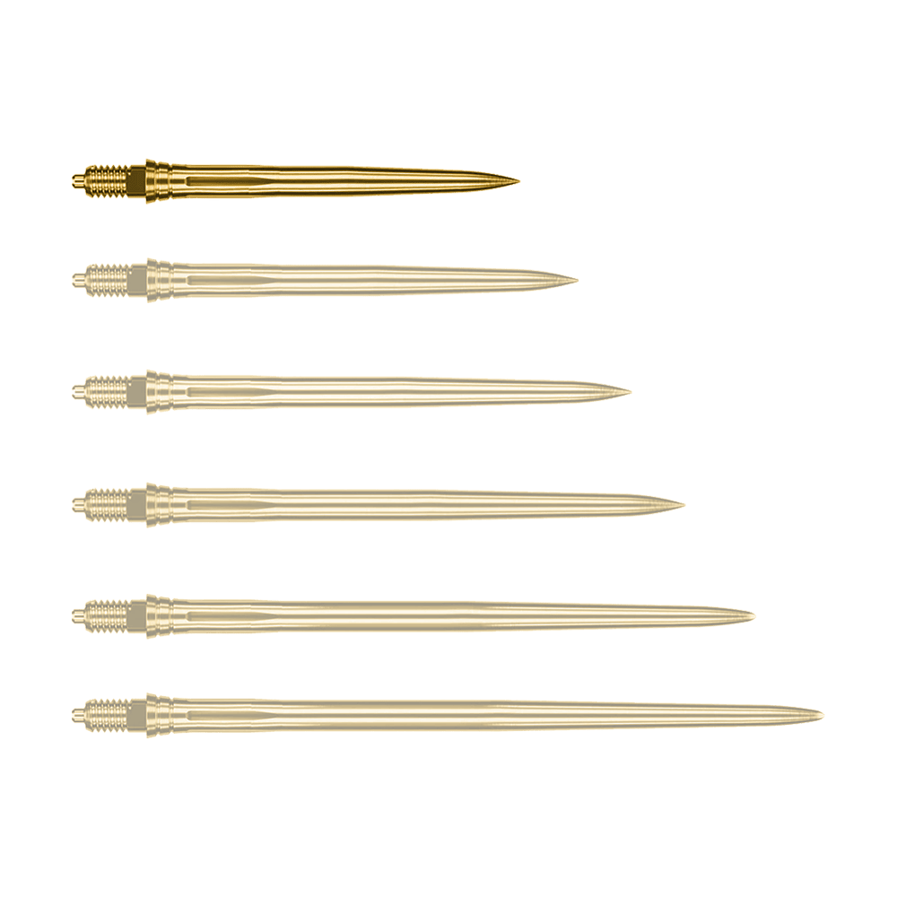 Punte per freccette Caliburn EZ-EVO - Lisce - Oro Auf dem Bild ist eine einzelne goldene Dartspitze zu sehen, vermutlich 28mm lang. Es handelt sich um eine Caliburn EZ-EVO Dartspitze der Variante Smooth.