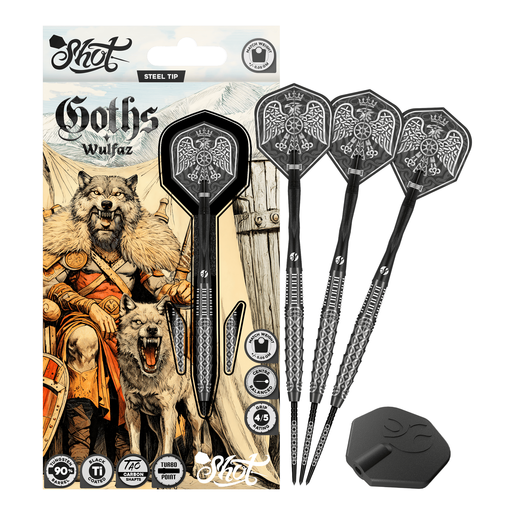 Freccette in acciaio Shot Goths Wulfaz Turbo Point - 23 g Auf diesem Bild sieht man die Shot Goths Wulfaz Turbo Point Steeldarts - 23g in voller Ansicht. Das Design ist auffällig und für Dart-Fans interessant.