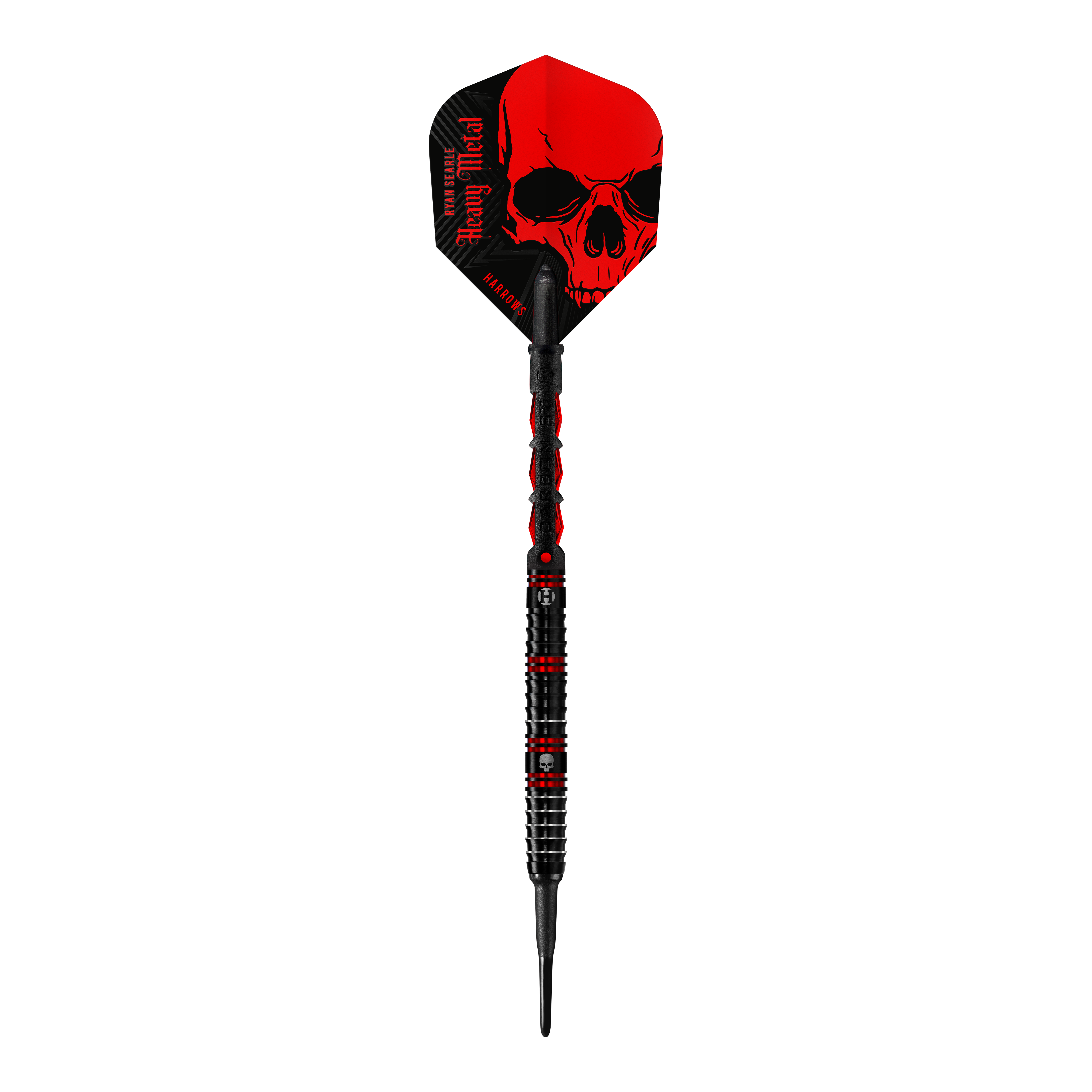 Freccette morbide Heavy Metal di Ryan Searle di Harrow Der abgebildete Dartpfeil ist der „Harrows Ryan Searle Heavy Metal Softdart“. Er hat ein auffälliges schwarzes Design mit roten Elementen und einem Totenkopf auf dem Flight.