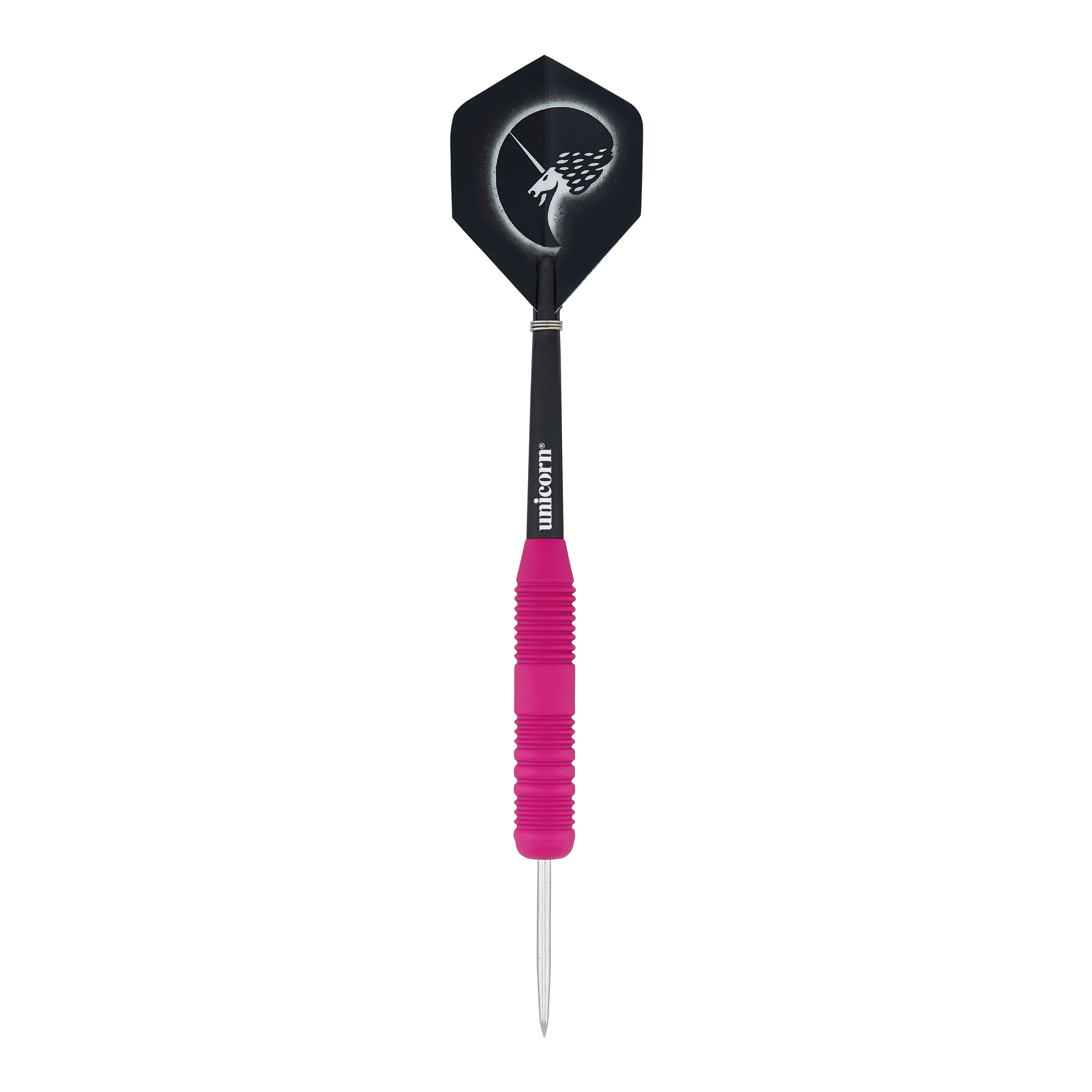 Freccette in acciaio rosa gommate Unicorn Core Plus Dies ist ein Steeldart mit einer pinken, gummierten Griffzone. Das Flight zeigt ein Einhorn-Design auf schwarzem Hintergrund.