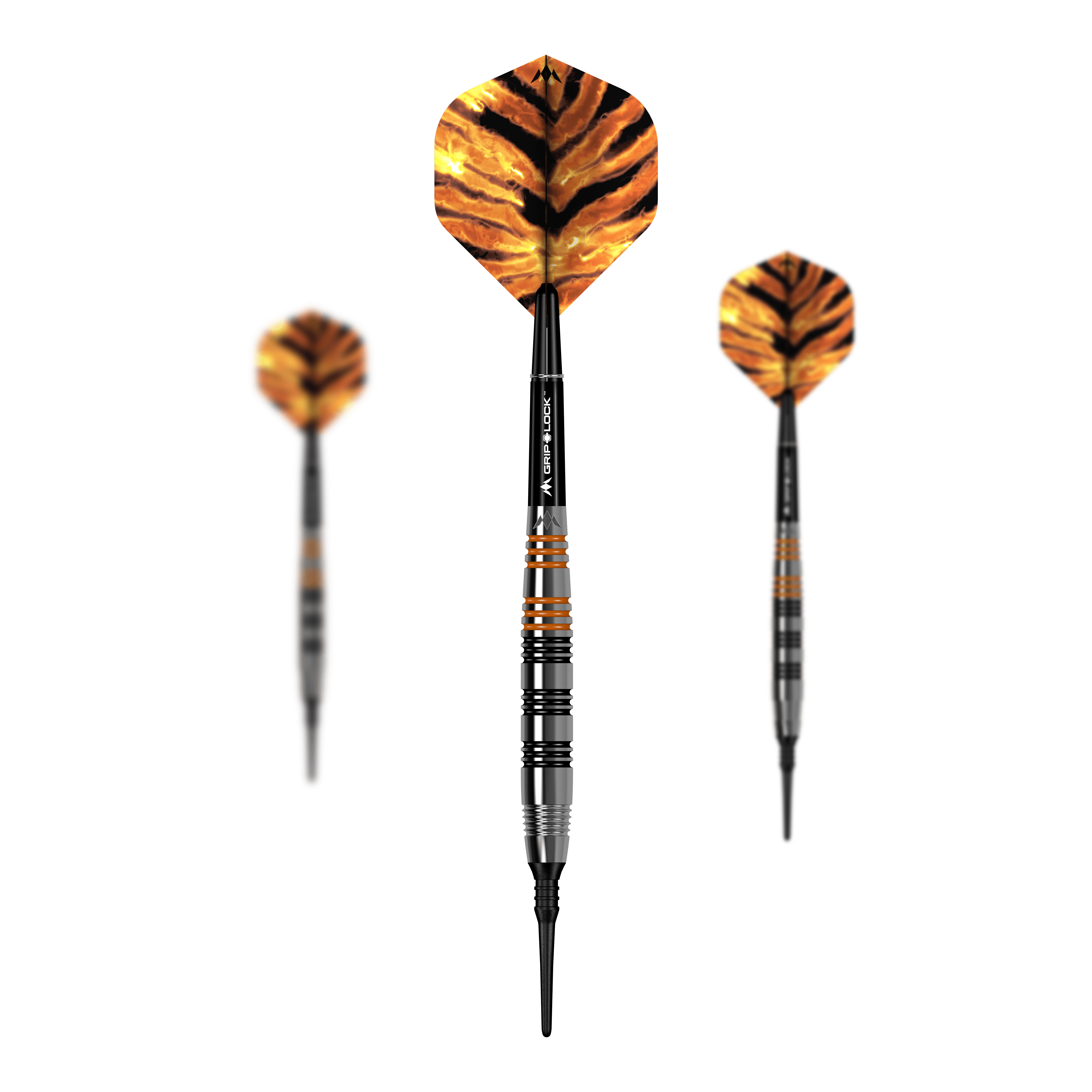 Freccette morbide Mission Javan Brass - 18 g Das Bild zeigt drei Softdarts des Modells "Mission Javan Brass Softdarts - 18g". Die Flights haben ein auffälliges Tigerstreifen-Design in Orange und Schwarz.