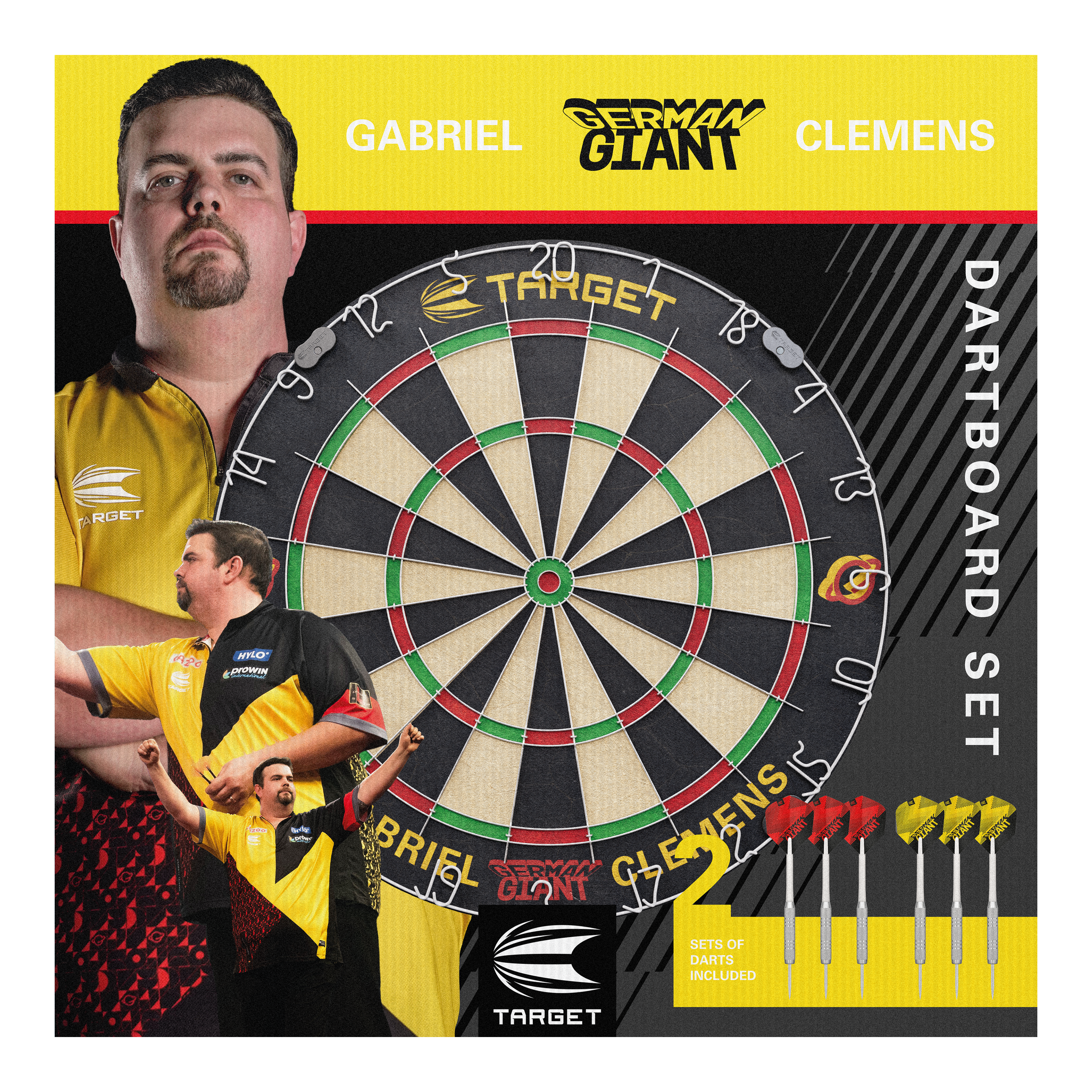 Set di bersagli per freccette in acciaio Target Gabriel Clemens Das Bild zeigt das "Target Gabriel Clemens Steeldartboard Set" mit einem großen Dartboard in der Mitte. Rechts unten sind zwei Sets von Darts abgebildet, und im Hintergrund sieht man Bilder von Gabriel Clemens.