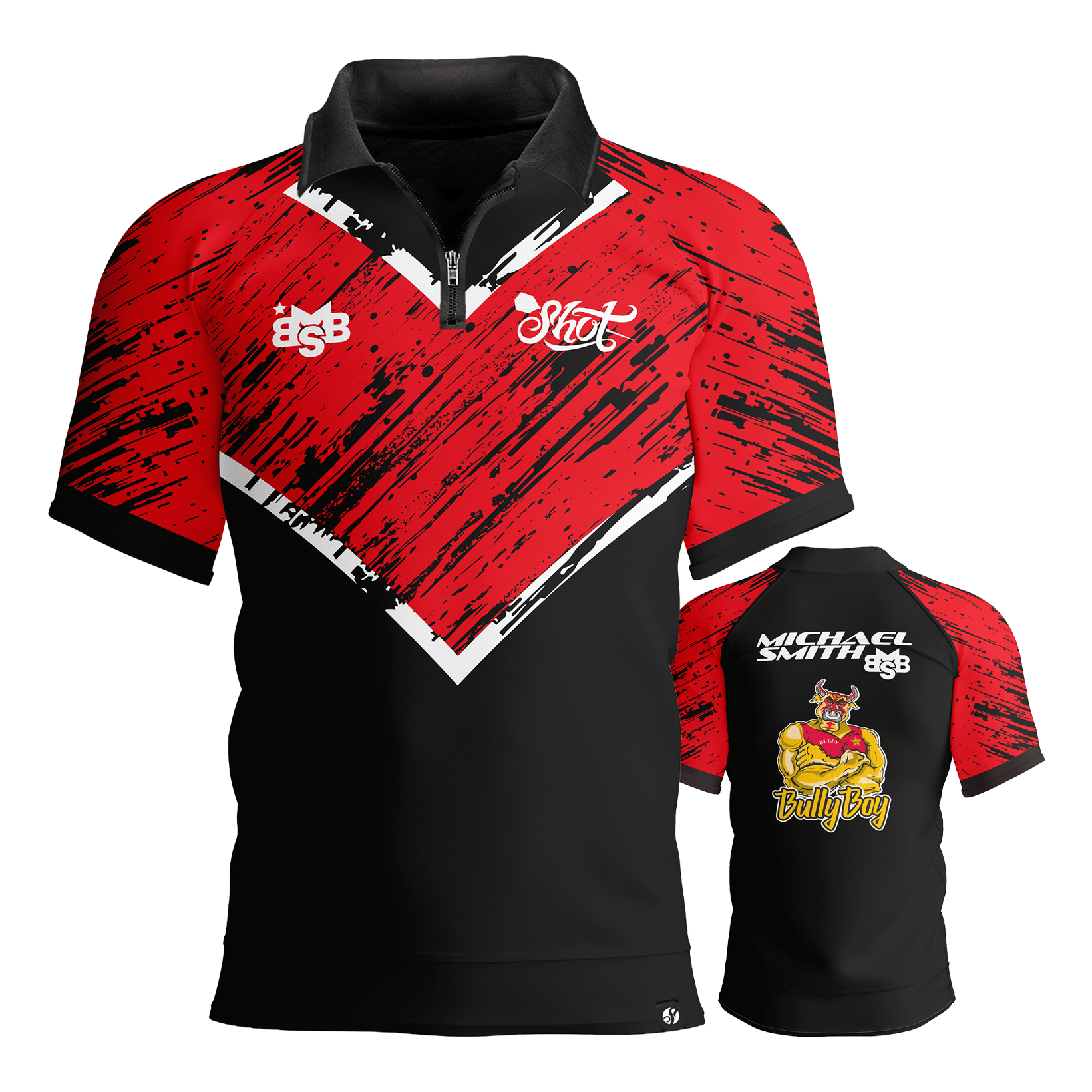 Camicia polo a righe rosse con freccette di Michael Smith Abgebildet wird das Shot Michael Smith Red Strip Polo Dartshirt. Dieses Polo ist ideal für Dartspieler und Fans.