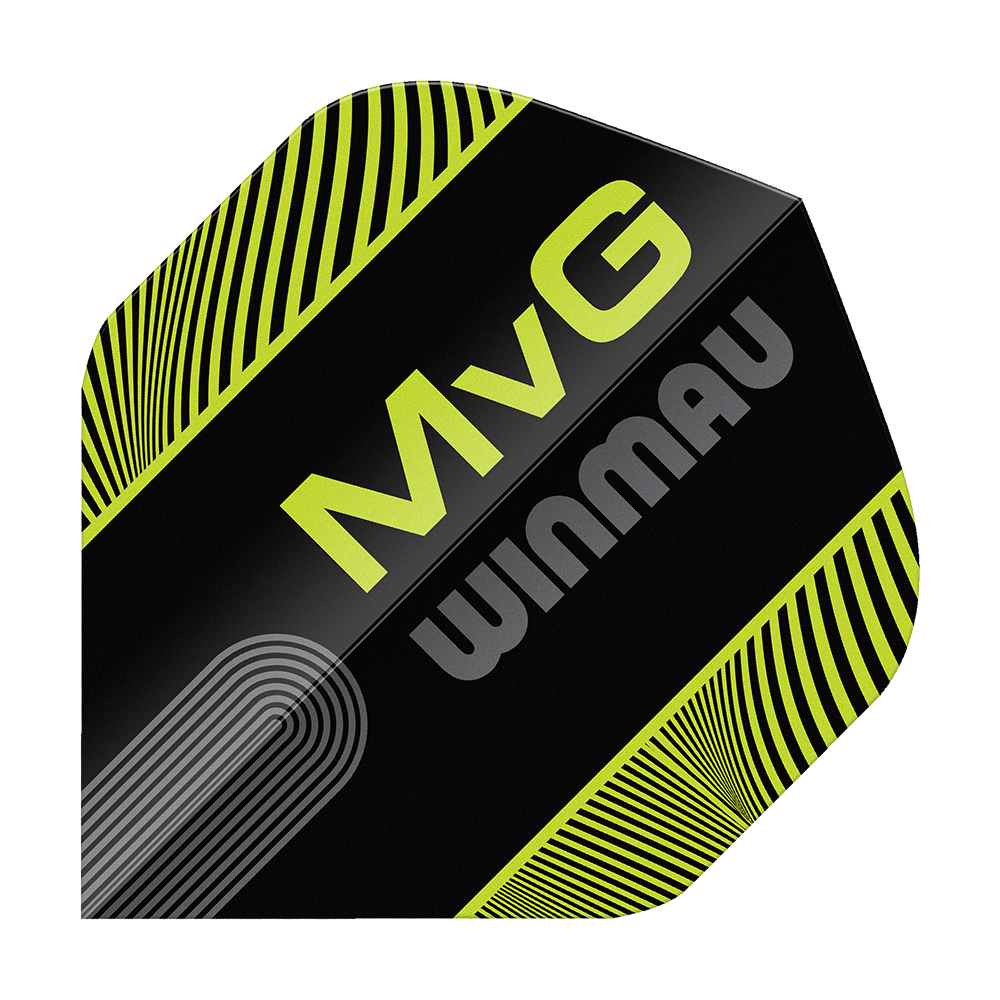 Winmau Prism Delta MvG Nero Verde Testo No2 Voli Standard Das Set Winmau Prism Delta MvG Black Green Text No2 Standard Flights wird gezeigt. Die Flights bestechen durch ihr spezielles Design.