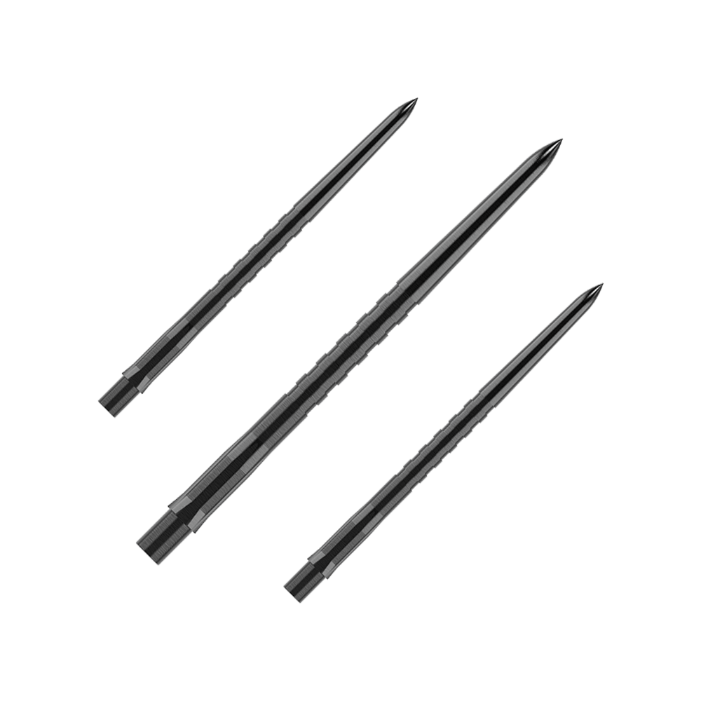 Punte per freccette Mission Caliburn EVO - Scanalate - Nere Auf dem Bild sind drei schwarze, gerillte Steel-Dartspitzen zu sehen. Sie liegen nebeneinander auf einem einfarbigen Hintergrund.
