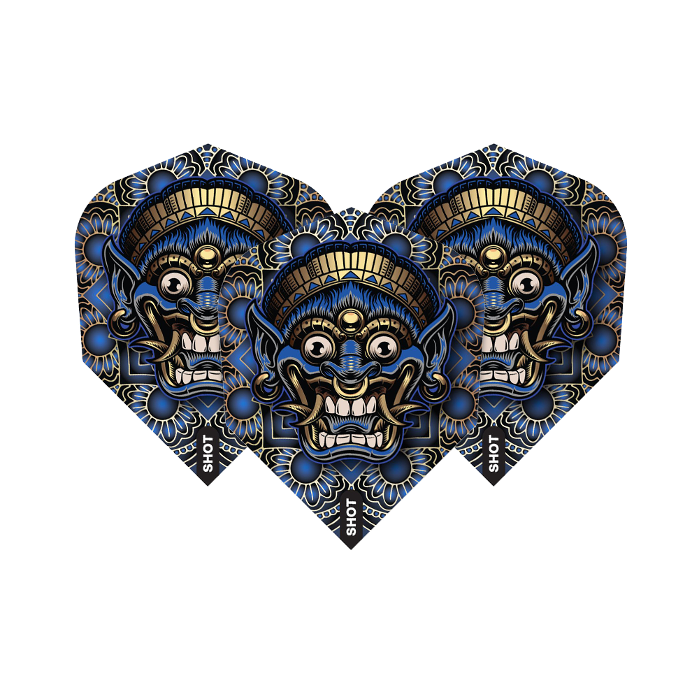 Colpo di arma tribale Java No6 Voli Das Bild zeigt drei Dartflights mit einem auffälligen, tribal-inspirierten Maskendesign in Blau, Schwarz und Gold. Auf jedem Flight steht am Rand das Wort „SHOT“.