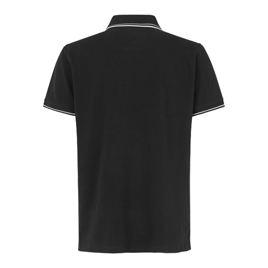 Polo Barrels and Shafts - Nera Das Bild zeigt ein schwarzes Poloshirt mit kurzen Ärmeln. Am Kragen und an den Ärmeln sind weiße Zierstreifen sichtbar.