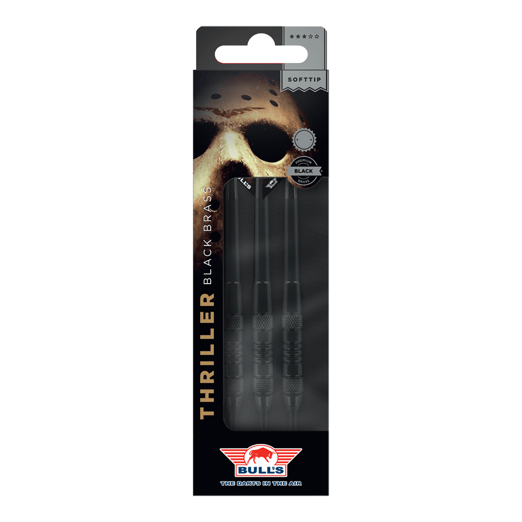 Freccette morbide Bulls NL Thriller in ottone nero - 18 g Hier sind Bulls NL Thriller Black Brass Softdarts mit einem Gewicht von 18 Gramm abgebildet. Die Darts sind für das Softdartspiel konzipiert.