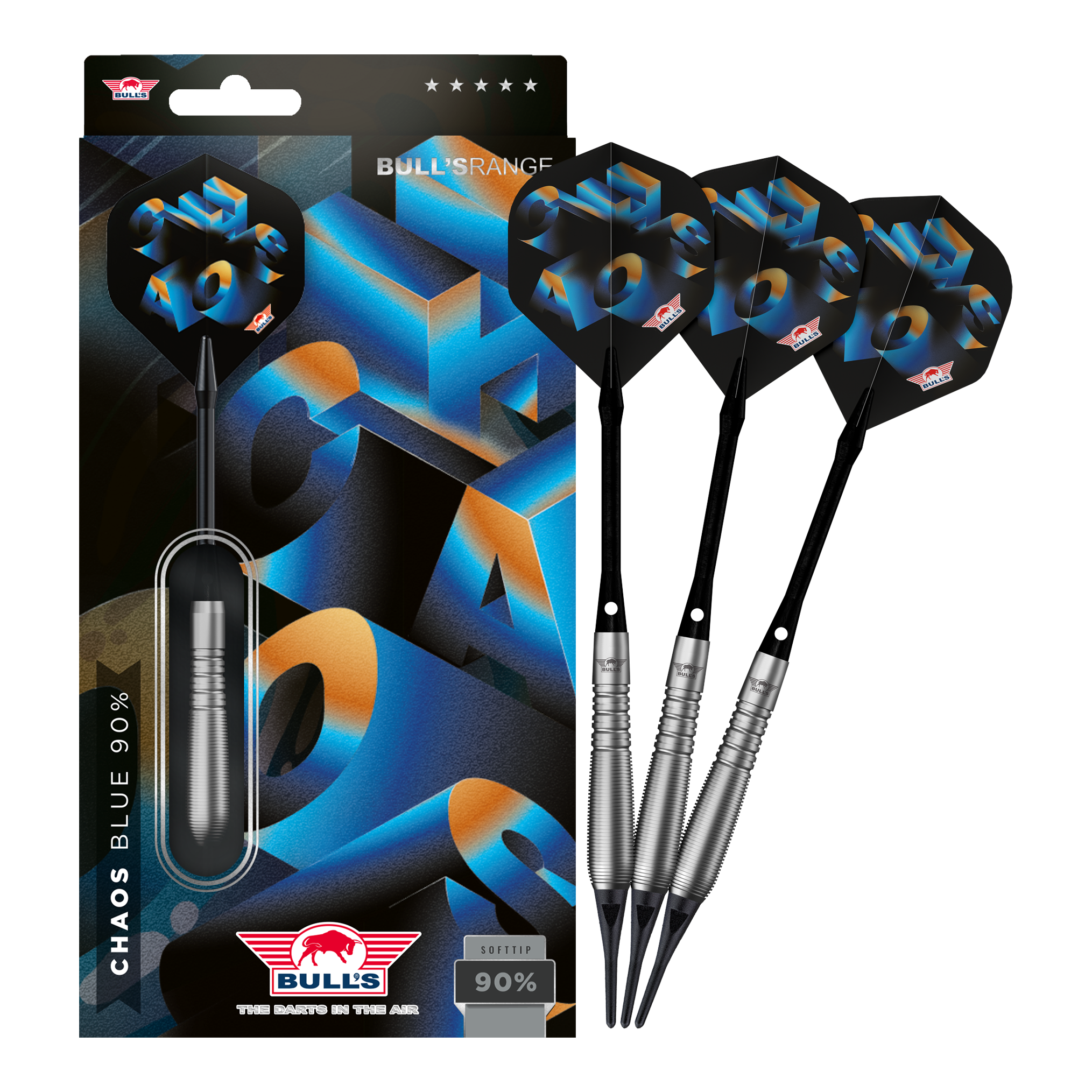 Bulls NL Chaos Blue Soft Darts - 19 g Das Foto präsentiert Bulls NL Chaos Blue Softdarts mit 19g Gewicht in ihrer vollen Länge. Die Softdarts sind in auffälligem Blau gehalten.