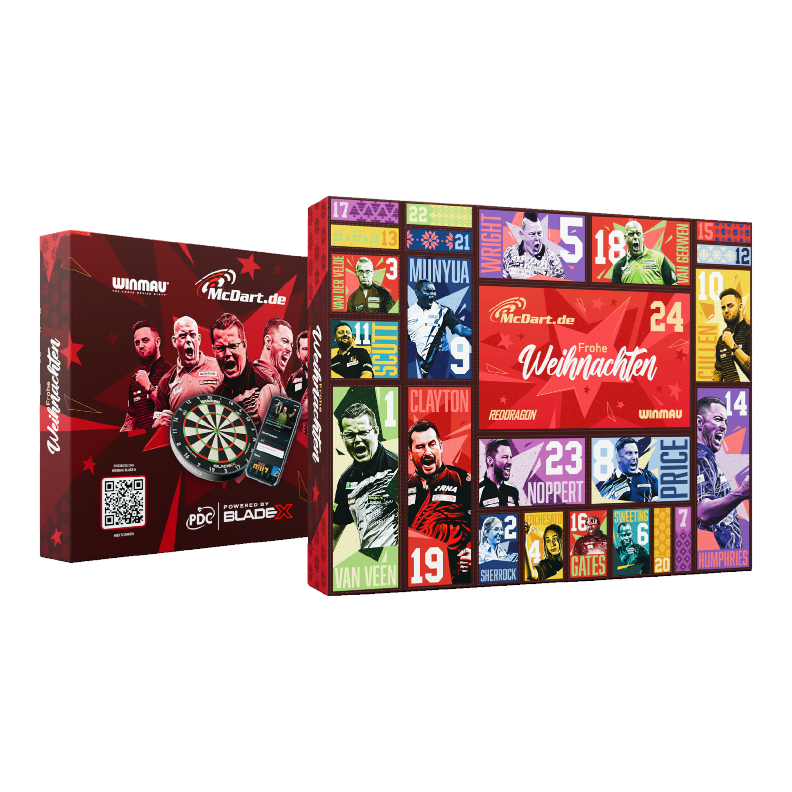 Calendario dell'Avvento 2026 con freccette in acciaio McDart Hier ist der McDart Steel-Darts Adventskalender 2026 abgebildet. Die Verpackung hebt das Adventskalender-Design für Darts-Spieler hervor.