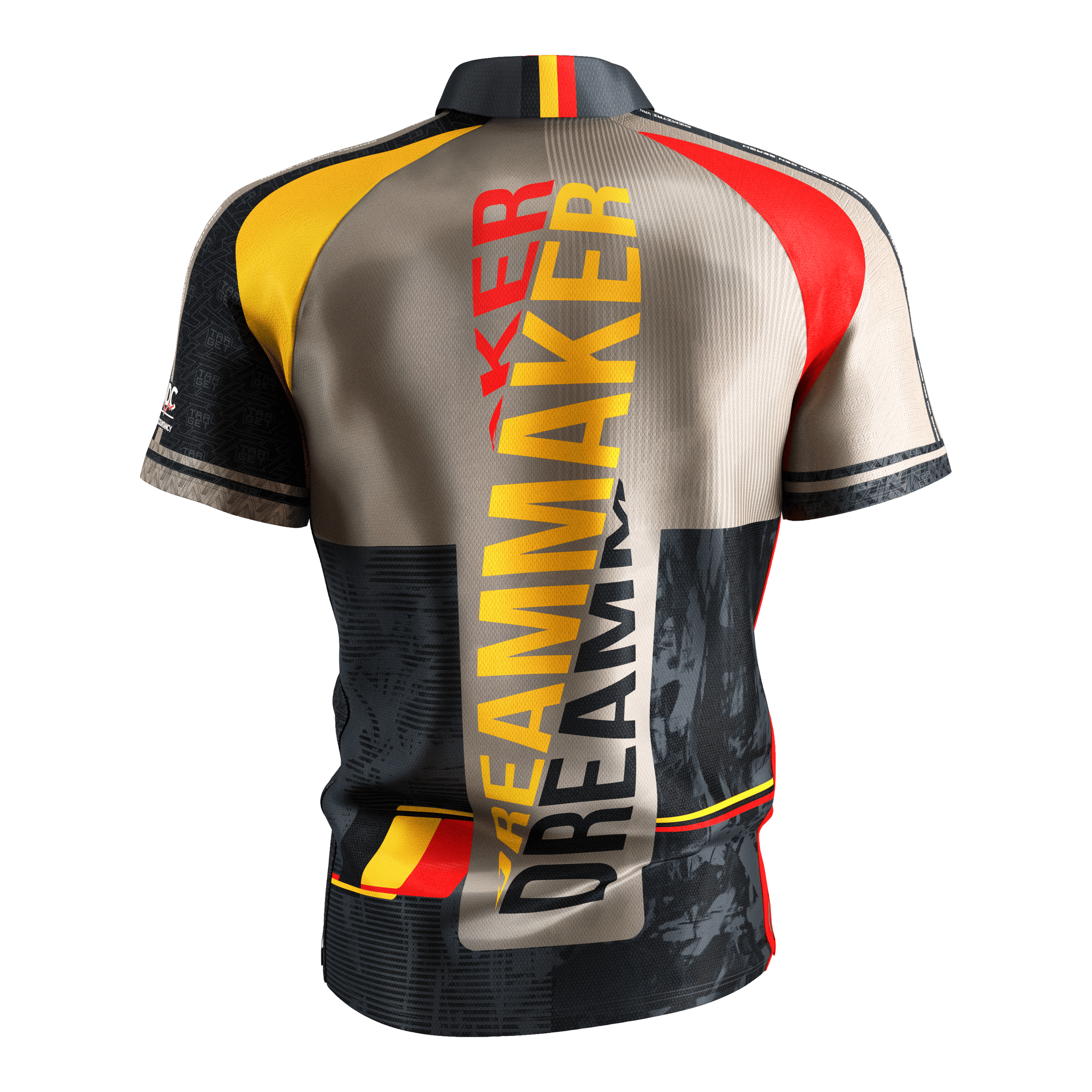 Maglia da freccette Target Coolplay Dimitri Van Den Bergh 2025 Dies ist das Target Coolplay Dimitri Van Den Bergh 2025 Dartshirt. Auf der Rückseite steht in großen Buchstaben "DREAMMAKER" und das Shirt hat auffällige Farben in Gelb, Rot und Schwarz.