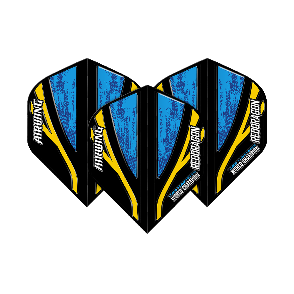 Red Dragon Airwing Luke Humphries Campione del mondo Voli standard neri e blu Das Bild zeigt drei Dartflights mit dem Namen "Red Dragon Airwing Luke Humphries World Champion Black Blue Standard Flights". Die Flights sind überwiegend blau und schwarz mit gelben Akzenten und weißer Schrift.