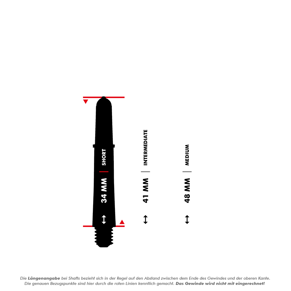 Aste Target Pro Grip Vision - 3 set - Nero Das Bild zeigt einen kurzen Target Pro Grip Vision Shaft mit einer Länge von 34 mm. Rechts daneben sind die Größen "Intermediate" (41 mm) und "Medium" (48 mm) als Vergleich dargestellt.