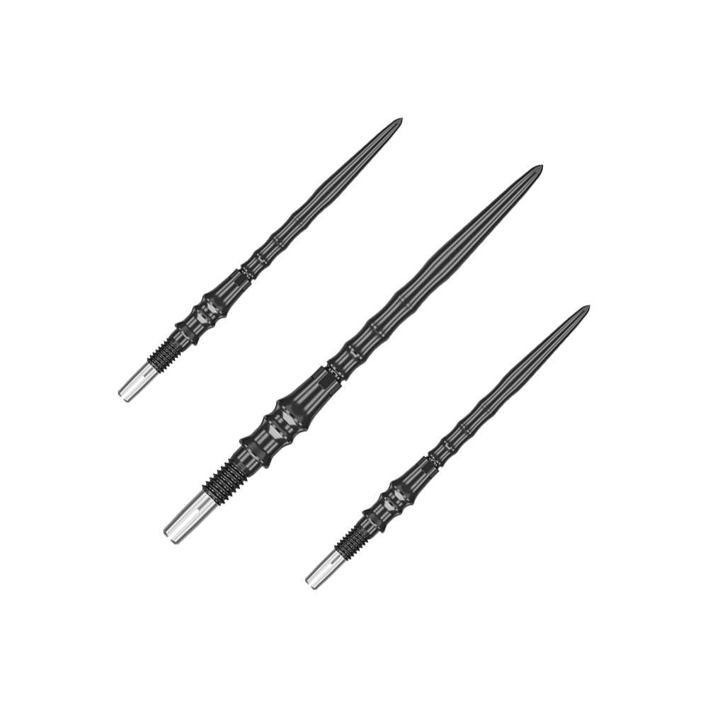 Auf dem Bild ist ein Set von schwarzen Steeldartspitzen, SwissPoint, 35 mm von Target Japan Premium zu sehen. Mehrere Spitzen sind zusammen dargestellt.