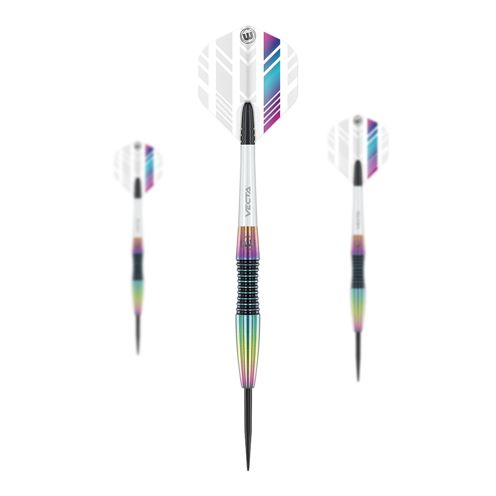 Freccette in acciaio Winmau Elektra Das Bild zeigt drei Winmau Elektra Steeldarts mit weißen Flights und bunten, metallischen Schäften. Die Darts sind modern gestaltet und haben schwarze Spitzen.