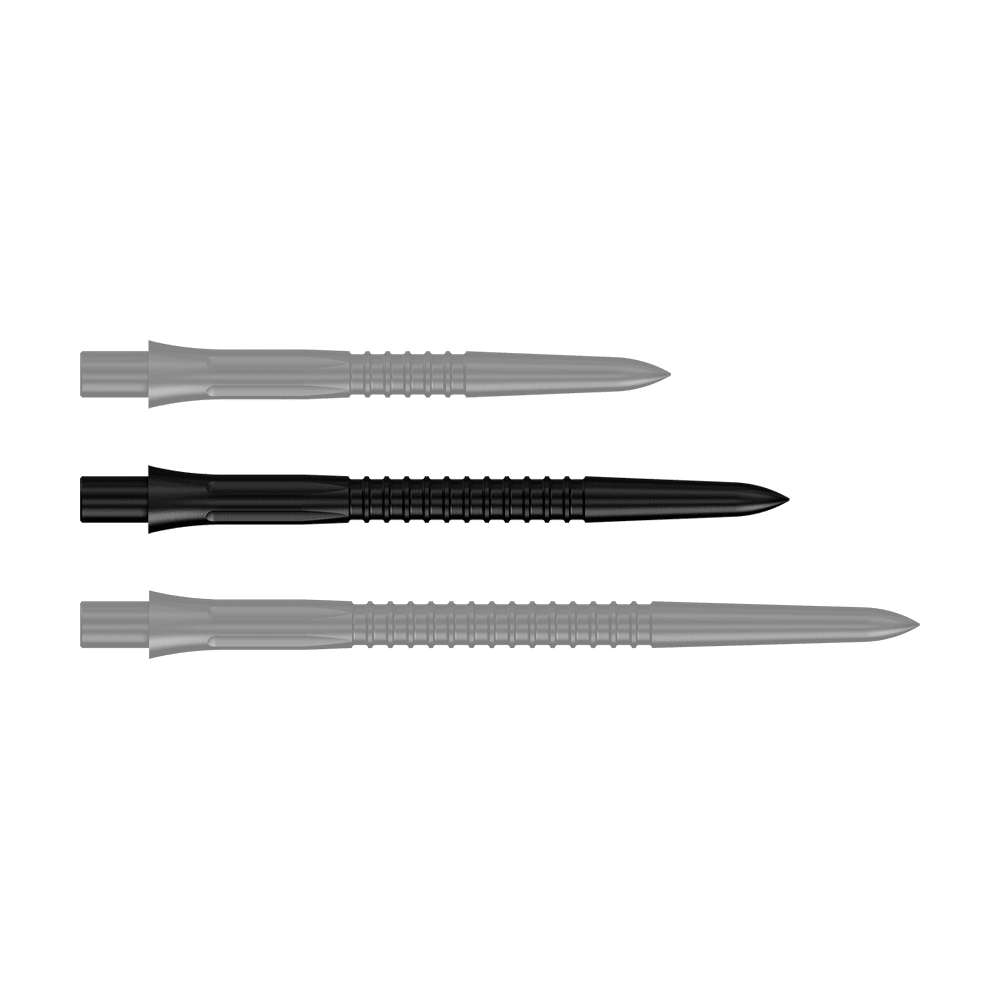 Schwarze Steeldartspitze mit 32 mm Länge aus der Misson Caliburn EVO GV1 Reihe. Das Produktbild zeigt eine einzelne Spitze im Detail.