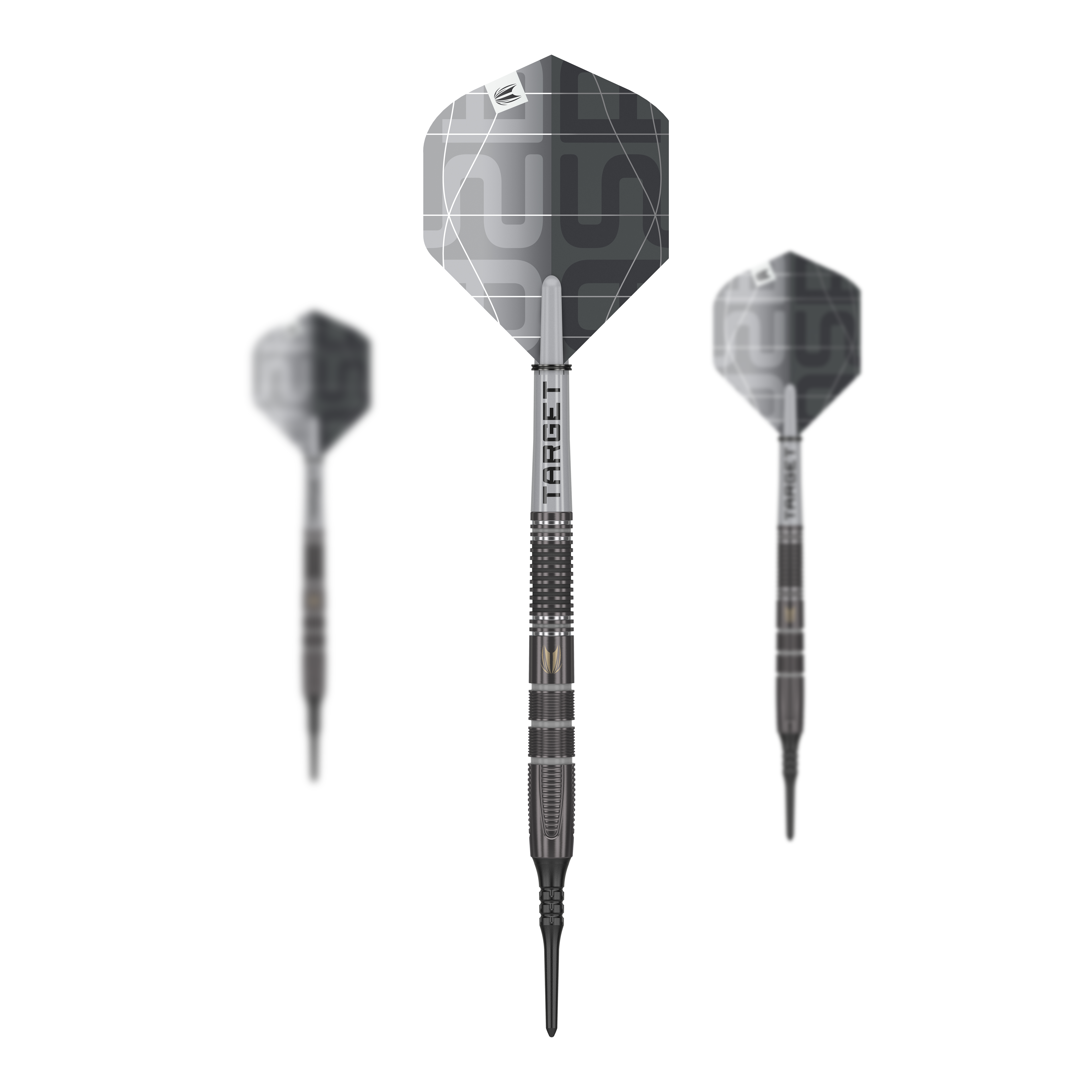Freccette morbide Target Nathan Aspinall X Echo - 18 g Das Bild zeigt drei Target Nathan Aspinall X Echo Softdarts mit einem Gewicht von 18g. Die Darts haben ein modernes, silbergraues Design und sind deutlich mit dem Markennamen "TARGET" beschriftet.