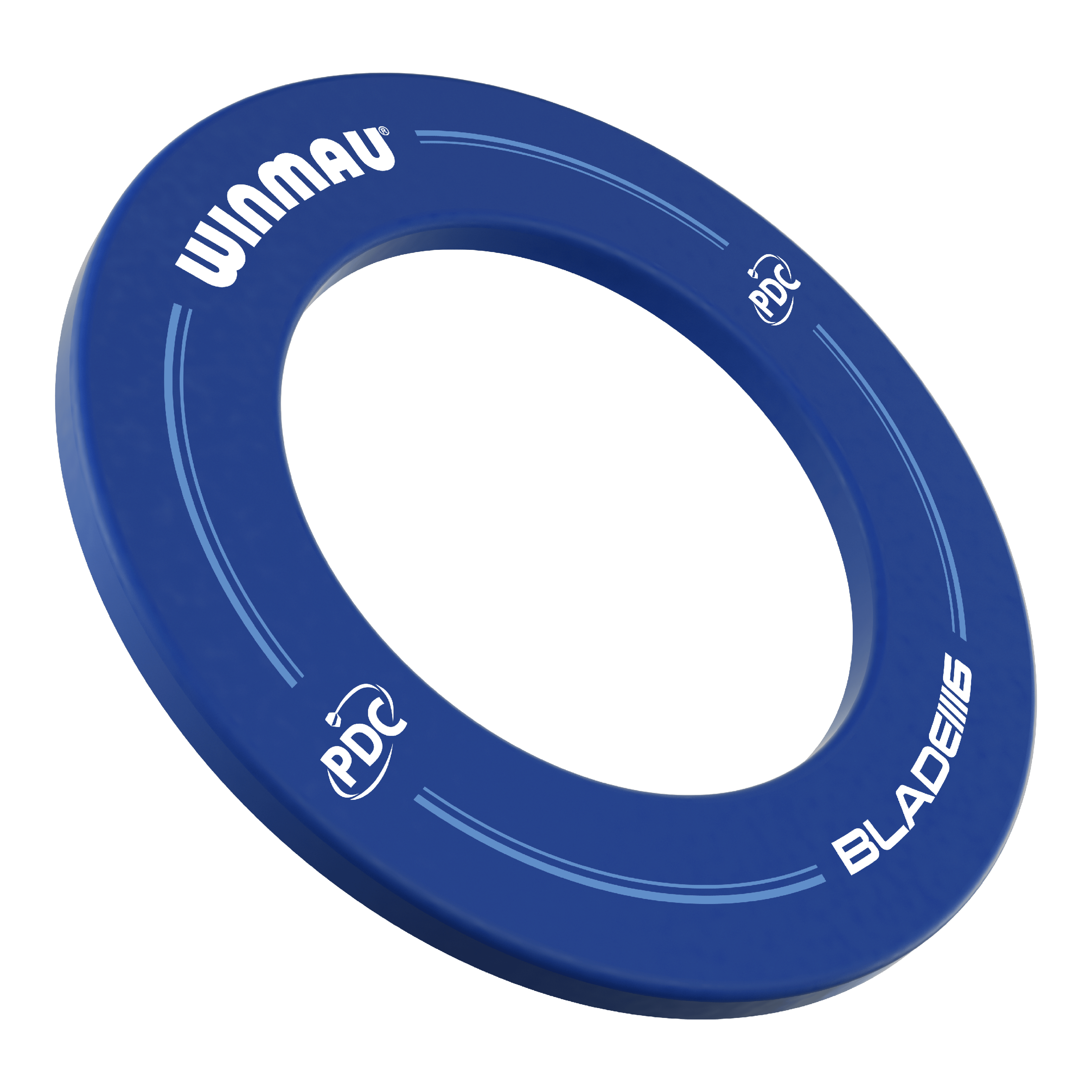 Winmau PDC Dartboard Surround - Blu Auf dem Bild ist ein blauer Dartboard-Surround der Marke Winmau zu sehen. Die Aufschrift enthält die Logos von Winmau, PDC und Blade 6.