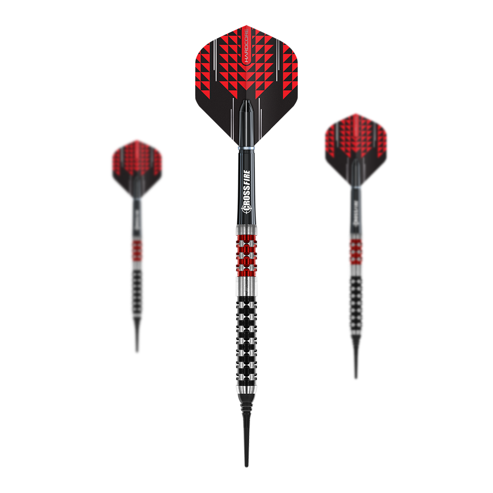Freccette morbide Red Dragon Crossfire - 20g Das Bild zeigt drei Softdarts des Modells "Red Dragon Crossfire" mit einem Gewicht von 20g. Die Darts haben schwarze und rote Flights sowie ein silber-schwarzes Barrel mit roten Akzenten.