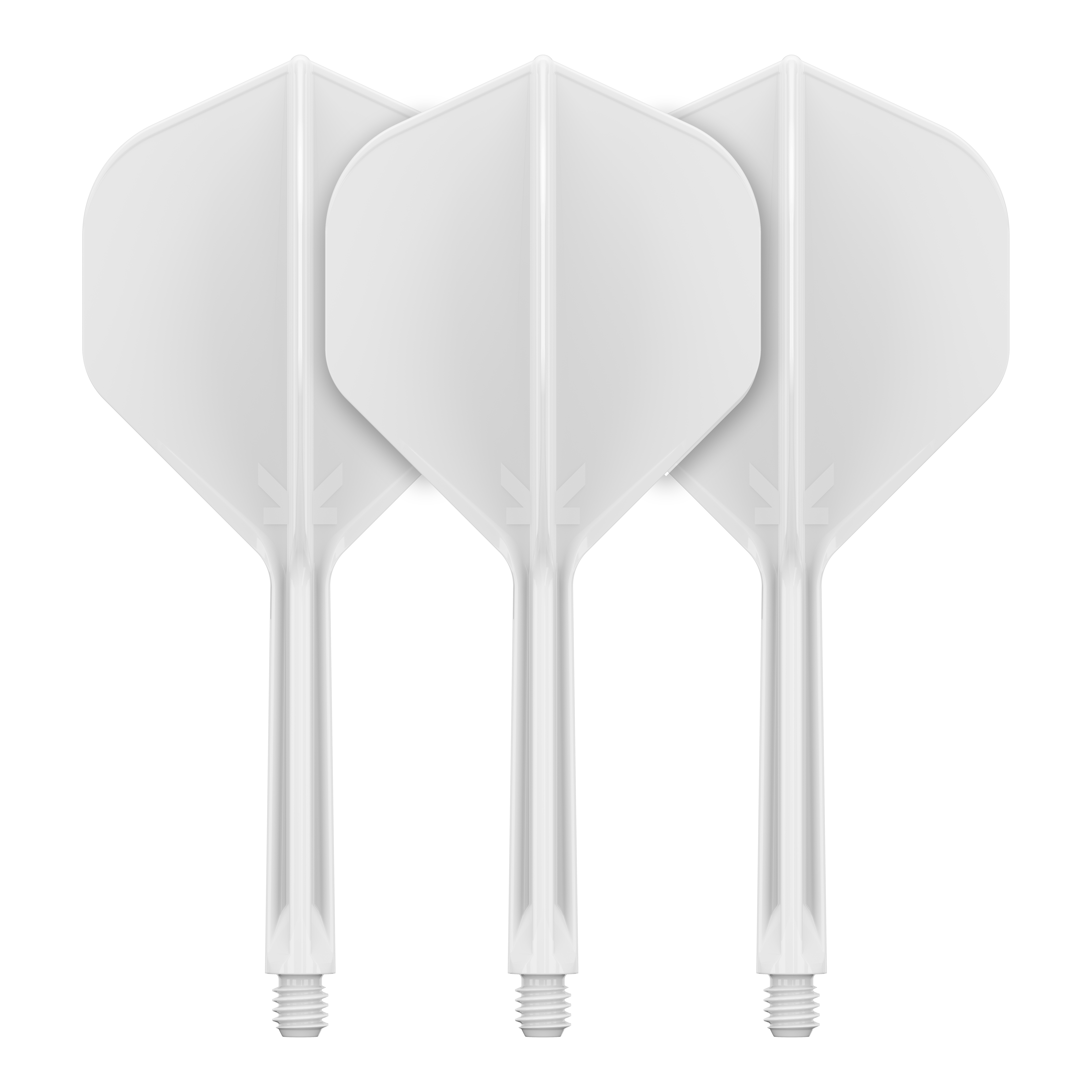 Target K-Flex No2 Standard Flight System - Bianco Auf dem Bild sind drei weiße Dartflights mit Schaft zu sehen. Sie stehen nebeneinander und haben eine klassische, standardmäßige Form.