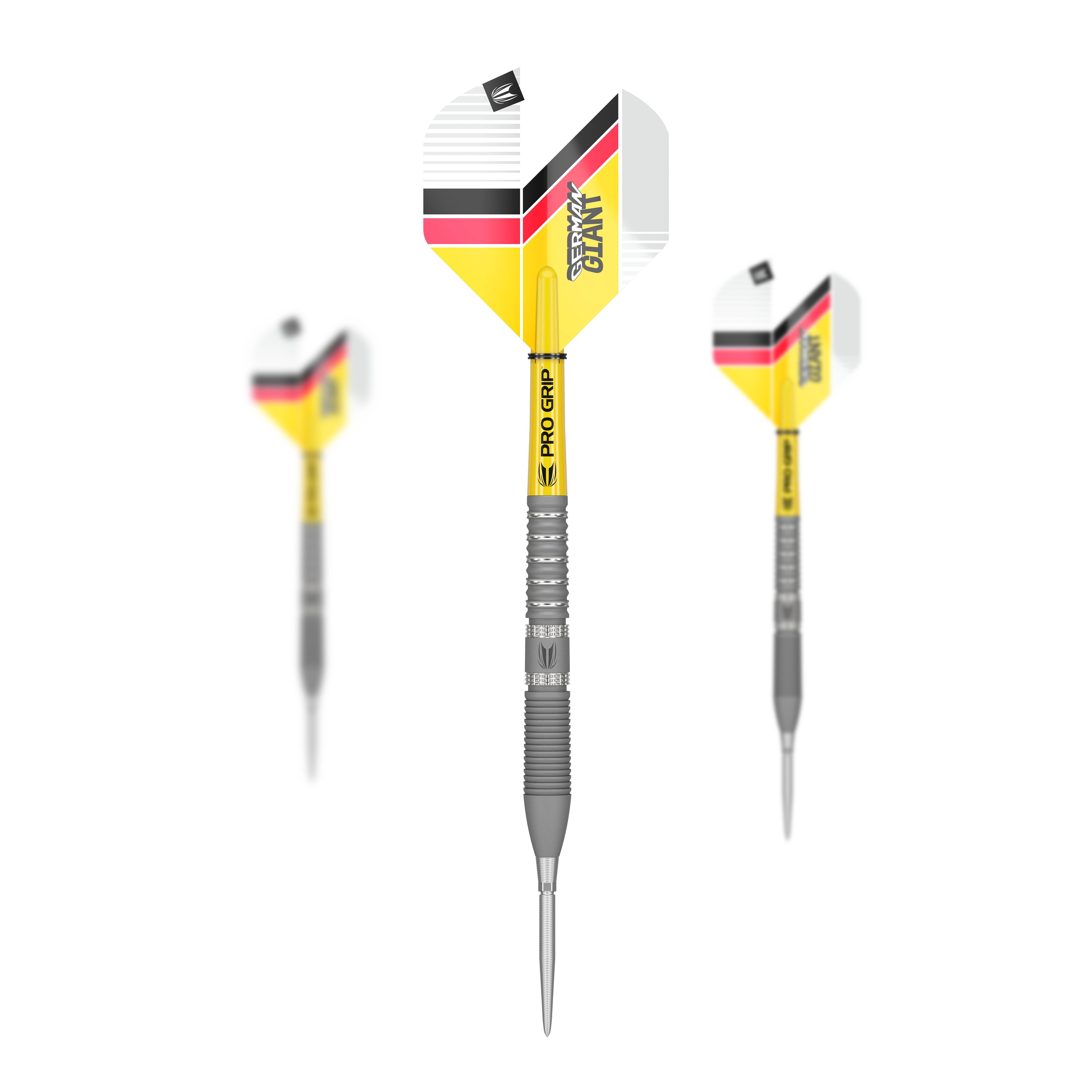Freccette in acciaio Target Gabriel Clemens GEN2 Swiss Point Auf dem Bild sind drei Steeldarts mit gelben, weißen, schwarzen und roten Flights zu sehen. Der mittlere Dart ist groß abgebildet, während die beiden anderen kleiner und seitlich daneben stehen.