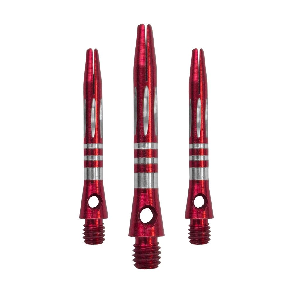 Aste in alluminio con taglio a diamante e anelli - Rosse - 35 mm Das Bild zeigt ein Set der Ringed Diamond Cut Aluminium Shafts - Rot - 35 mm. Mehrere rote Aluminium-Dartschäfte liegen nebeneinander.