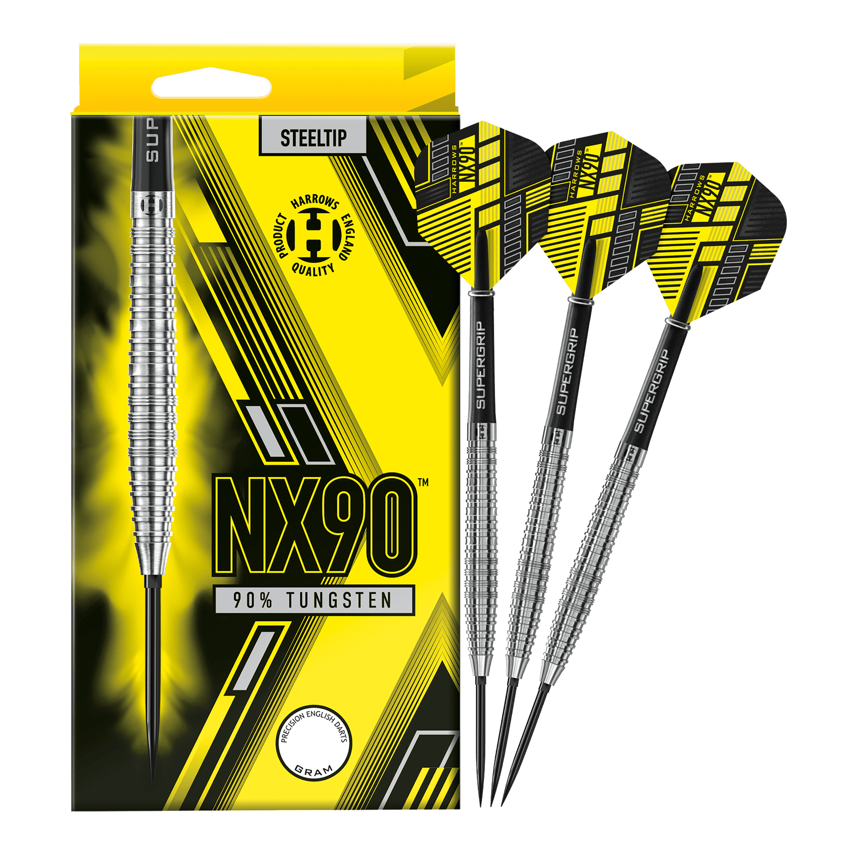 Freccette in acciaio con punta rapida conica Harrows NX90 Das Bild zeigt die Harrows NX90 Tapered Quick Point Steeldarts in voller Ansicht. Die Steeldarts sind für Präzision und Qualität bekannt.